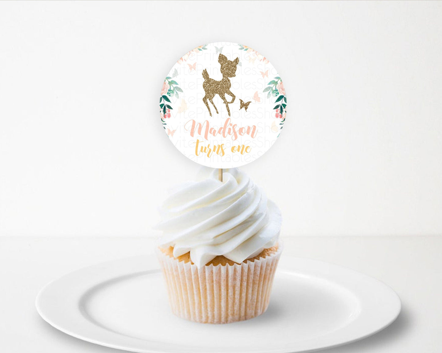 Fawn Cupcake Toppers Deer Cupcake Toppers Enchanted Forest Party Butterfly Pastel Flowers Woofland Cupcake Toppers First Birthday D10874