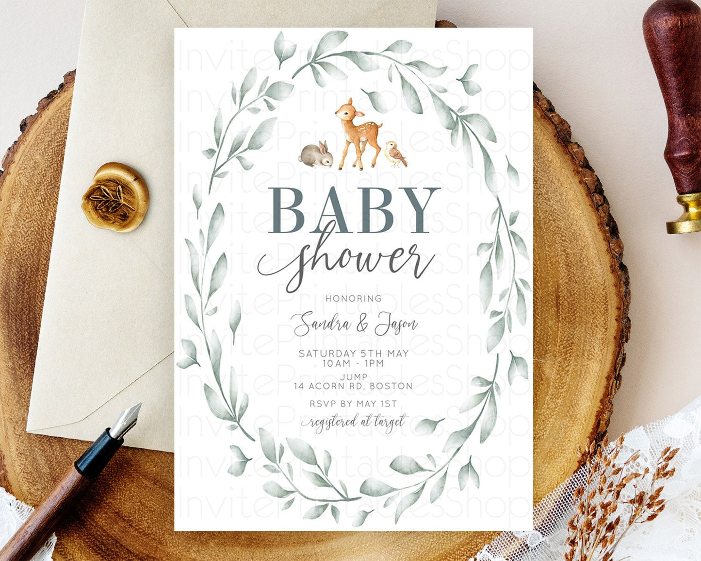 Fawn Baby Shower Invitation Deer Baby Shower Invites Enchanted Forest Theme Butterfly Pastel Flowers Whimsical Baby Shower D10872