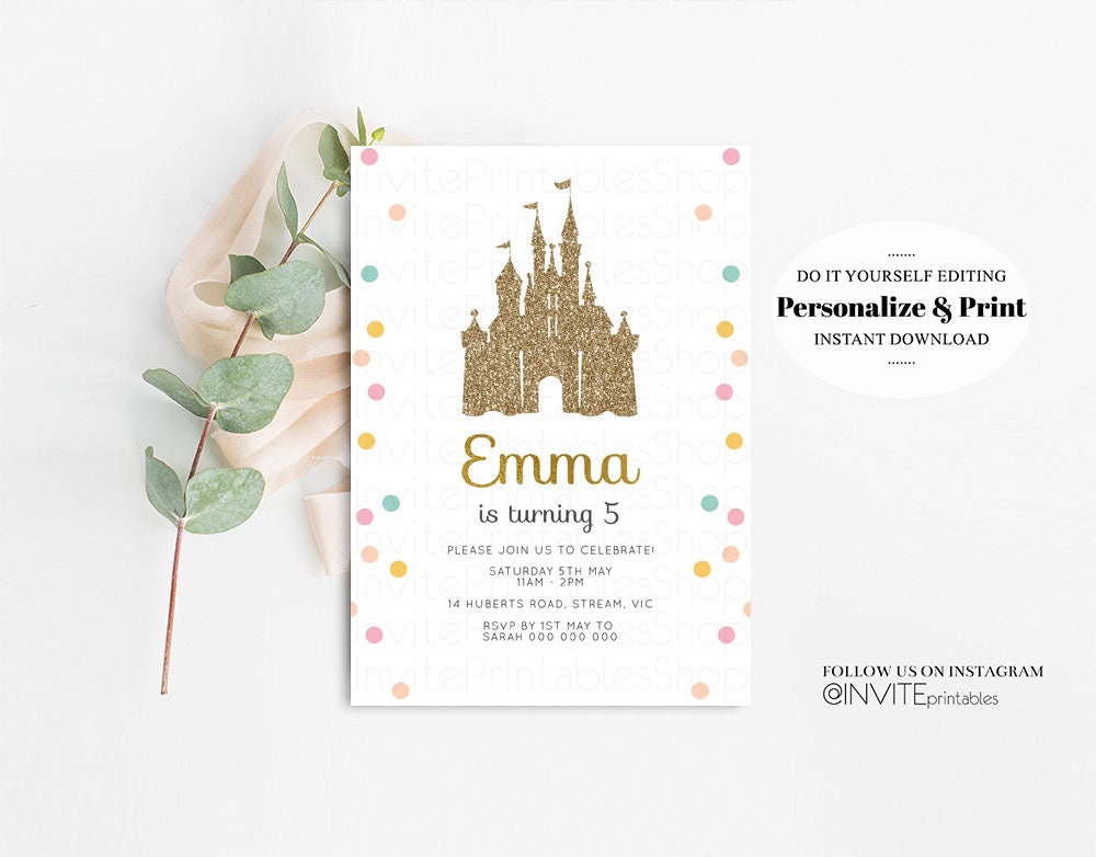 Princess Birthday Invitation Royal Castle Gold Glitter Foil Rainbow Pastel Stars Confetti Sprinkles Fairy Dust Colorful Cursive 303