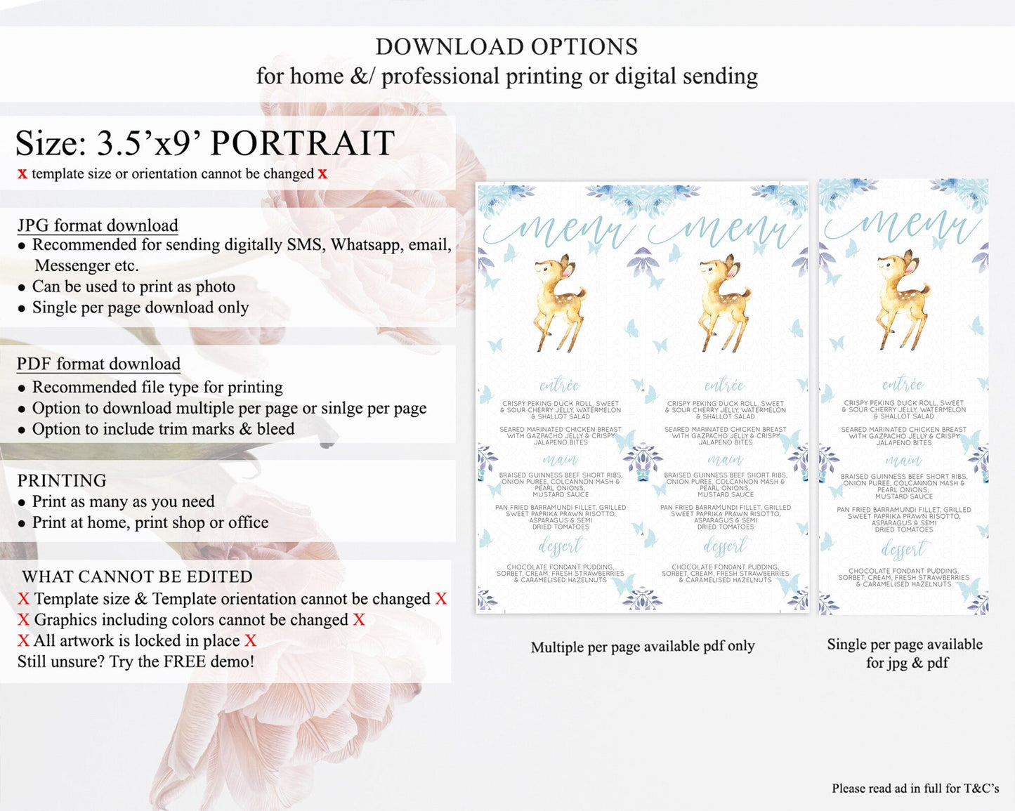 Fawn Menu Deer Menu Template Pastel Floral Deer Table Decor Enchanted Forest Butterfly Floral Dinner Dessert Menu Party Food Menu D10917