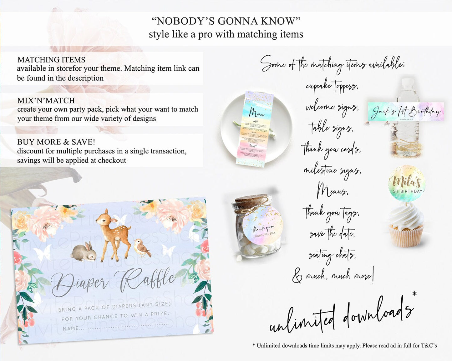 Fawn Diaper Raffle Card Deer Diaper Insert Floral Deer Diaper Ticket Enchanted Forest Butterfly Pastel Baby Shower Raffle Game D10920