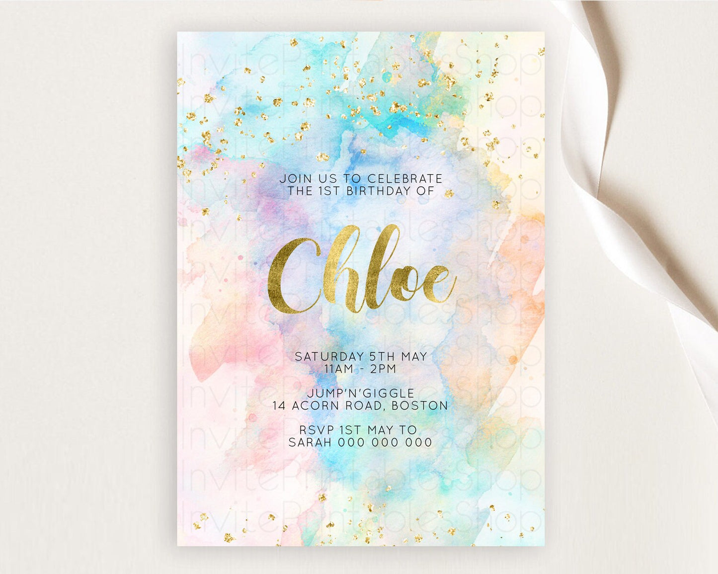 Rainbow Birthday Invitation Colorful Pastel Watercolor Invitation Gold Glitter Sprinkles Ombre Pastel 1st 2nd 3rd Birthday D10272