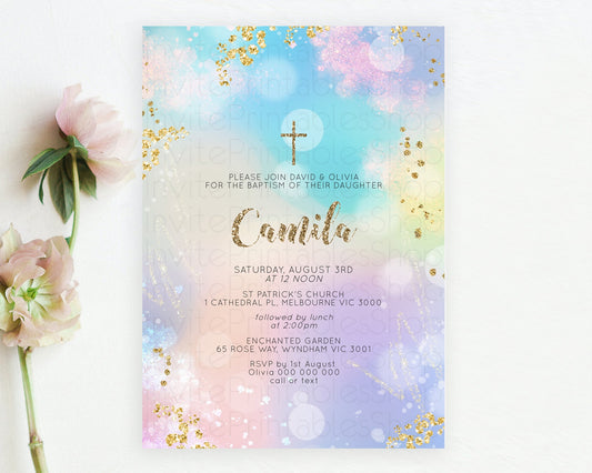 Pastel Baptism Invitation Pastel Colors Watercolor Baptism 1st Birthday Party Gold Ombre Pastel Rainbow Christening Holy Communion D10677