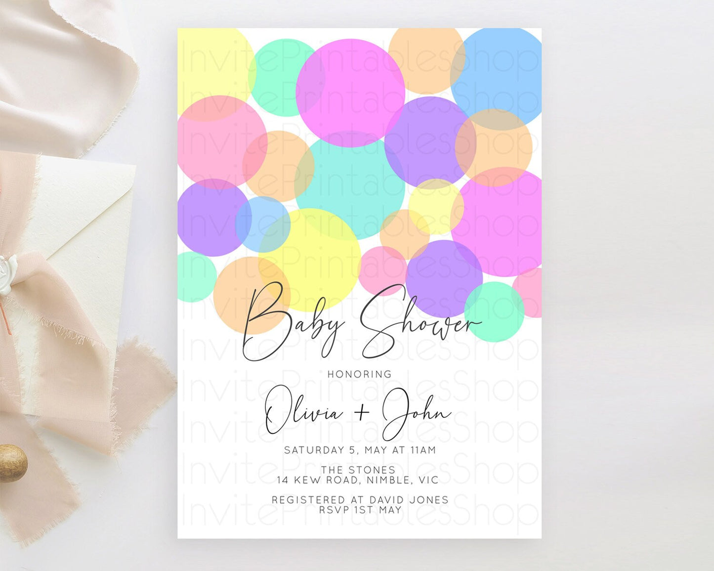 Rainbow Confetti Baby Shower Invitation, Pastel Rainbow Theme Colorful Sprinkles, Bubbles - Purple, Blue, Green, Pink, Orange, Yellow D10888