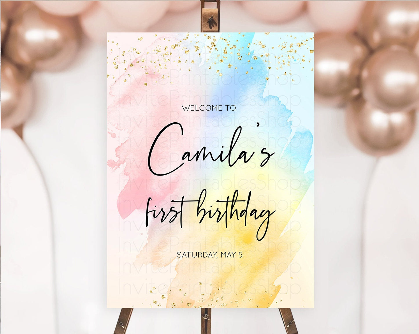 Pastel Welcome Sign Pastel Rainbow Welcome Sign Colorful Rainbow Confetti Watercolor Glitter Pastel First Birthday Welcome Sign D10557
