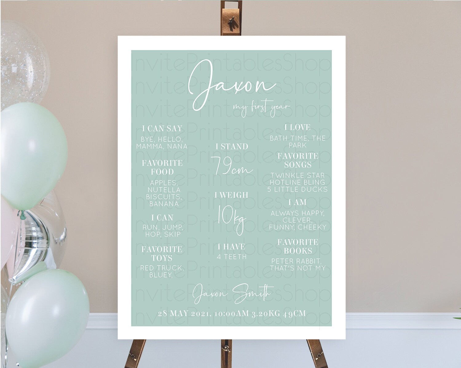 Editable Green First Birthday Milestone Poster Plain Green Milestone Board M