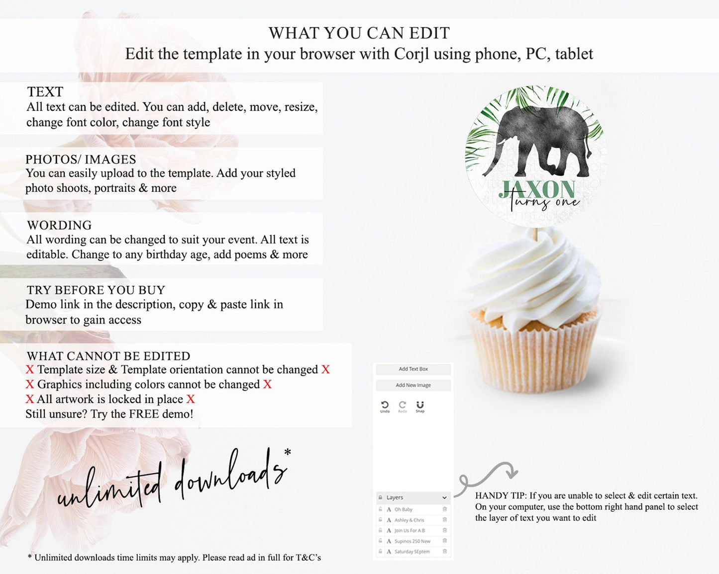 Elephant Cupcake Toppers Elephant Cupcake Elephant Party Safari Adventure Elephant Cupcake Topper Elephant Decor Zoo Fern Palm Leaf D10842