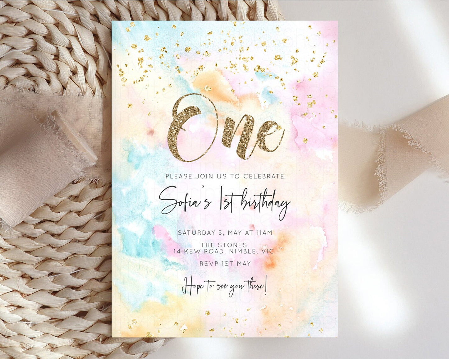 Rainbow Birthday Invitation Glitter Pastel Invitation Colorful Watercolor Gold Foil Splatter Sprinkles Ombre Glitter Invite 1st 2nd 3rd G566