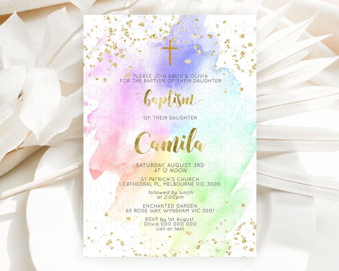 Pastel Baptism Invitation Pastel Colors Watercolor Baptism 1st Birthday Party Gold Ombre Pastel Rainbow Christening Holy Communion D10876