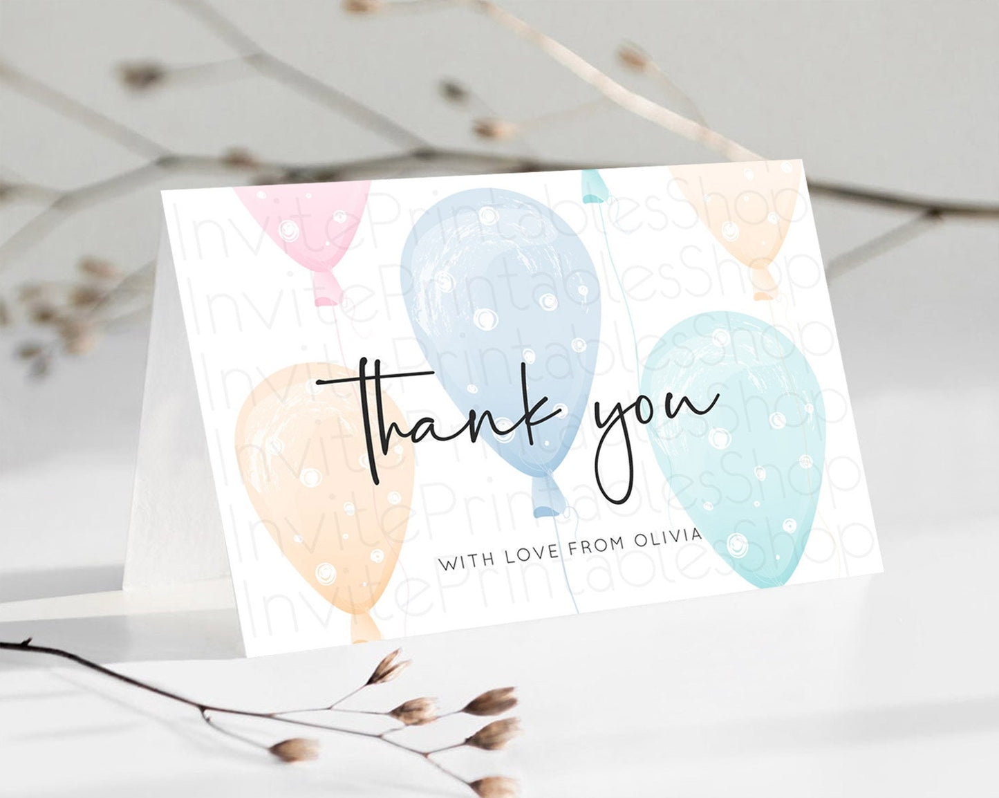 Pastel Balloons Thank You Colorful Balloon Thank You Card Rainbow Balloon Birthday Thank You Card Confetti Teacher Thank You Cards D10776