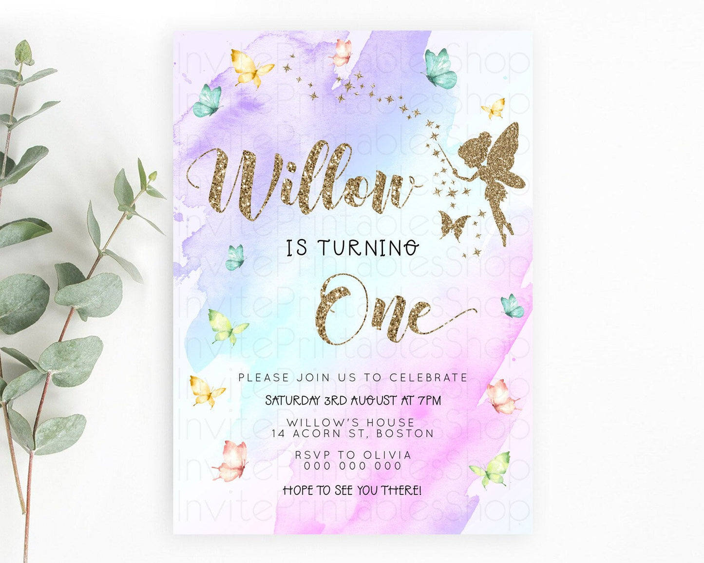 Pastel Fairy Birthday Invitation Pastel Butterflies Fairy Birthday Invitation Rainbow Ombre Watercolor 1st 2nd Birthday Invitation D23330