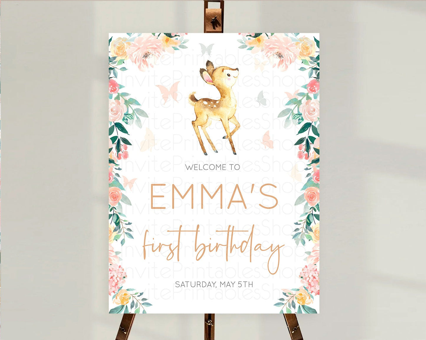 Fawn Welcome Sign Deer Welcome Board Floral Deer Welcome Poster Enchanted Forest Butterfly Pastel Floral First Birthday Welcome Sign D10753