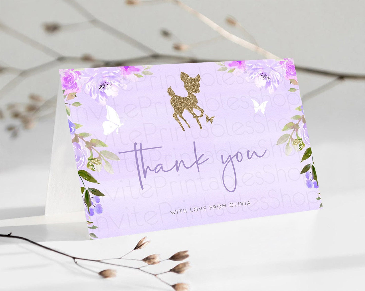 Fawn Thank You Deer Thank You Card Pastel Floral Deer Birthday Thank You Card Enchanted Forest Butterfly Deer Teacher Thank You Card D10963