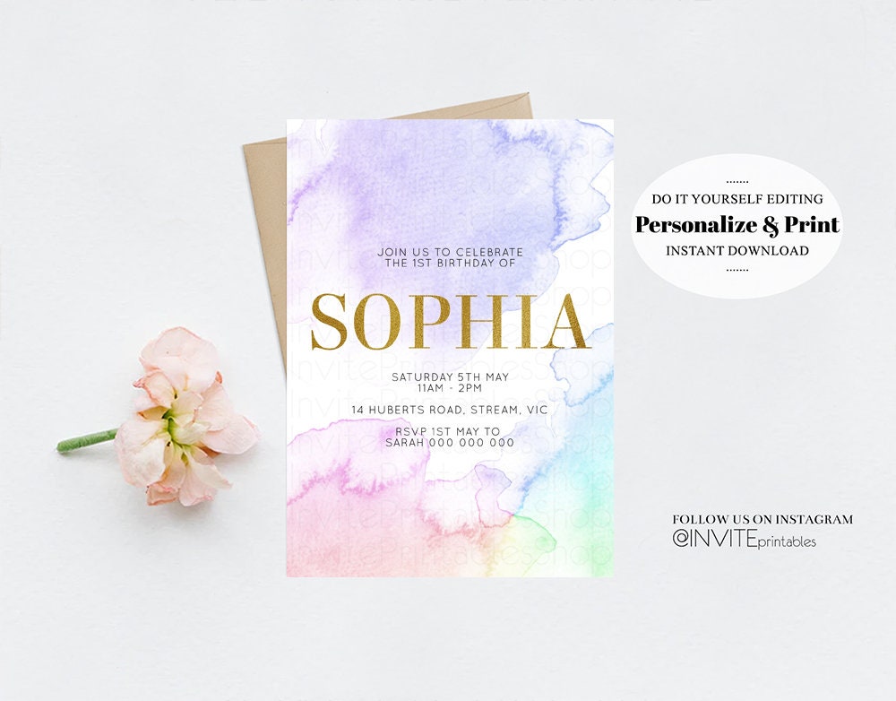 Pastel Rainbow Birthday Invitation Colorful Watercolor Splash Ombre Ink Paint Gold Foil Purple Pink Blue Modern Custom Printable 193
