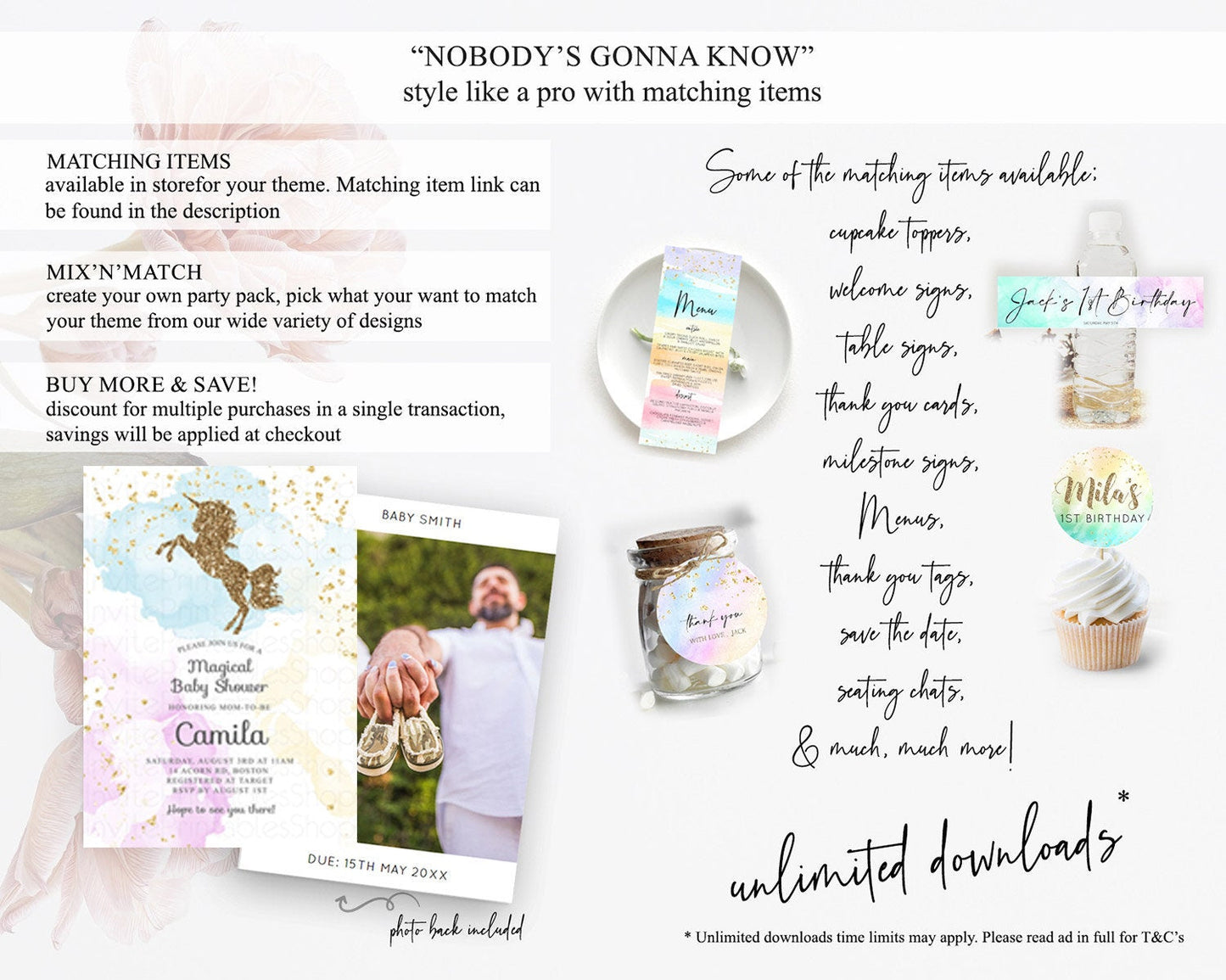 Pastel Unicorn Rainbow Baby Shower Invitation: Pastel Ombre Watercolor with Glitter Sprinkle, Pink, Blue, Yellow Clouds Gender Reveal D10114