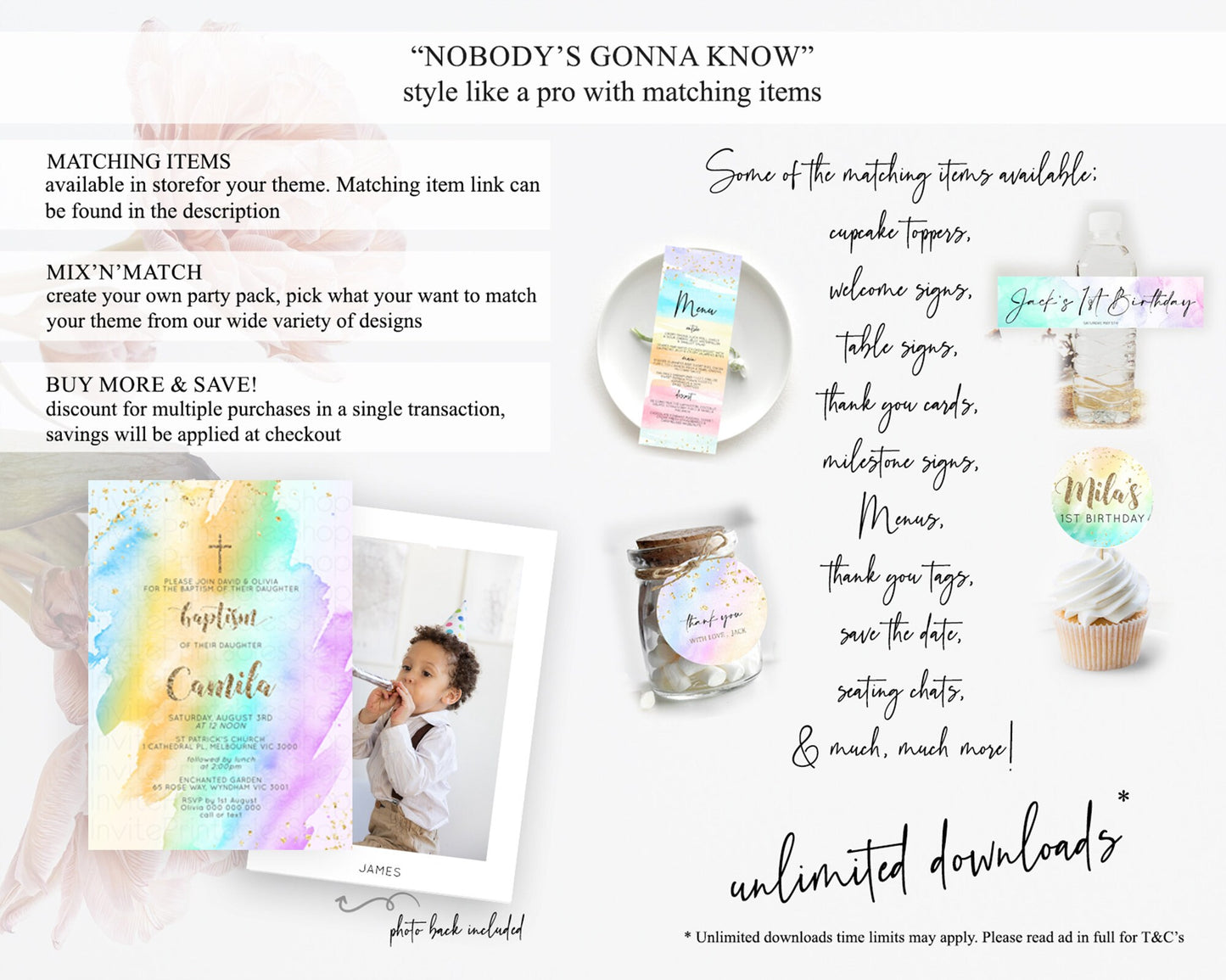 Pastel Baptism Invitation Pastel Colors Watercolor Baptism 1st Birthday Party Gold Ombre Pastel Rainbow Christening Holy Communion D10426