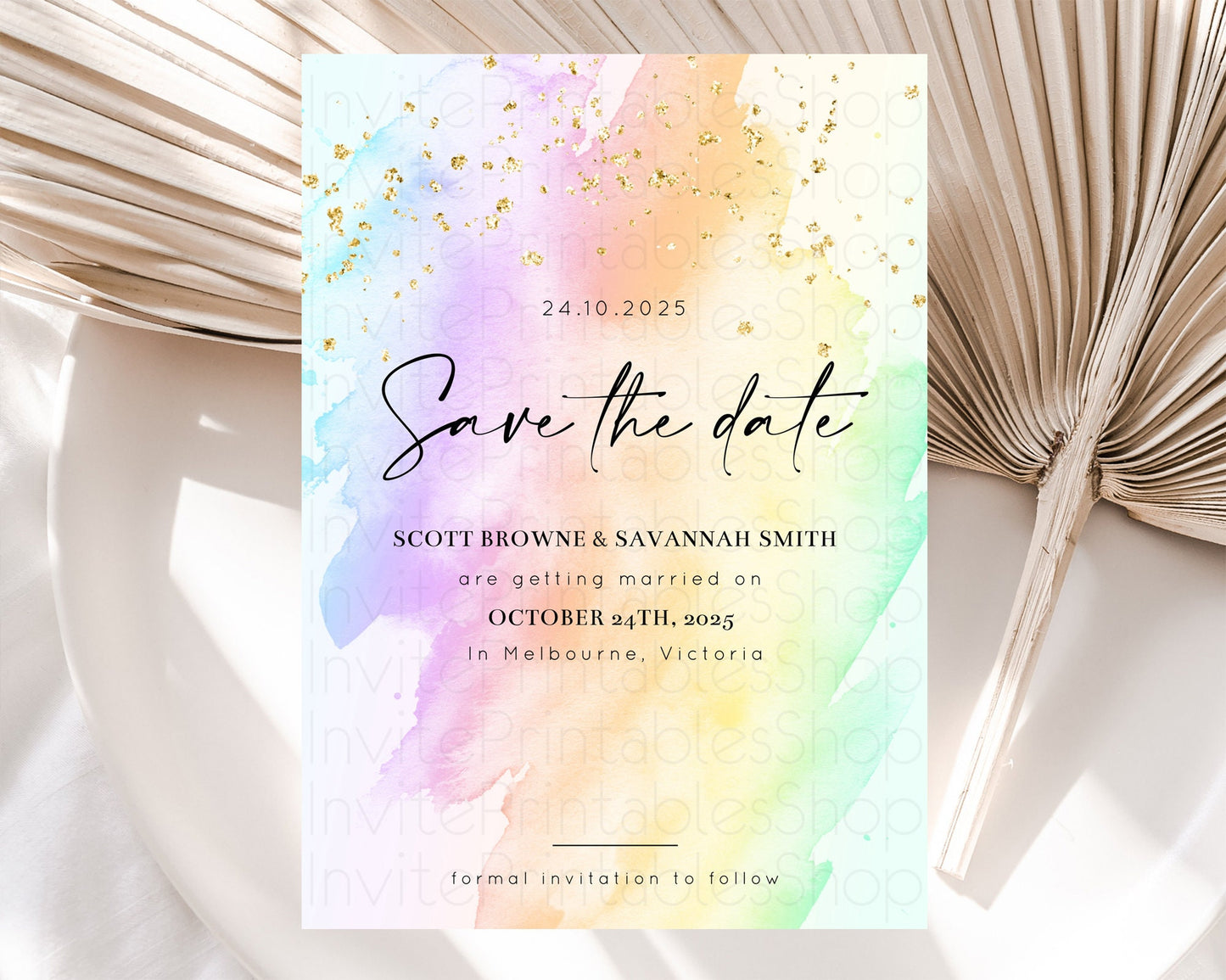 Pastel Save The Date Template Pastel Ombre Rainbow Watercolor Colorful Party For Birthday Baptism Baby Shower Wedding Bridal Shower D10645