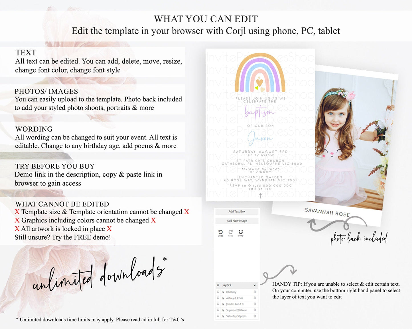 Pastel Rainbow Baptism Invitation Boho Rainbow Baptism 1st Birthday Invitation Rainbow Pastel Watercolor Christening Invitation D10238