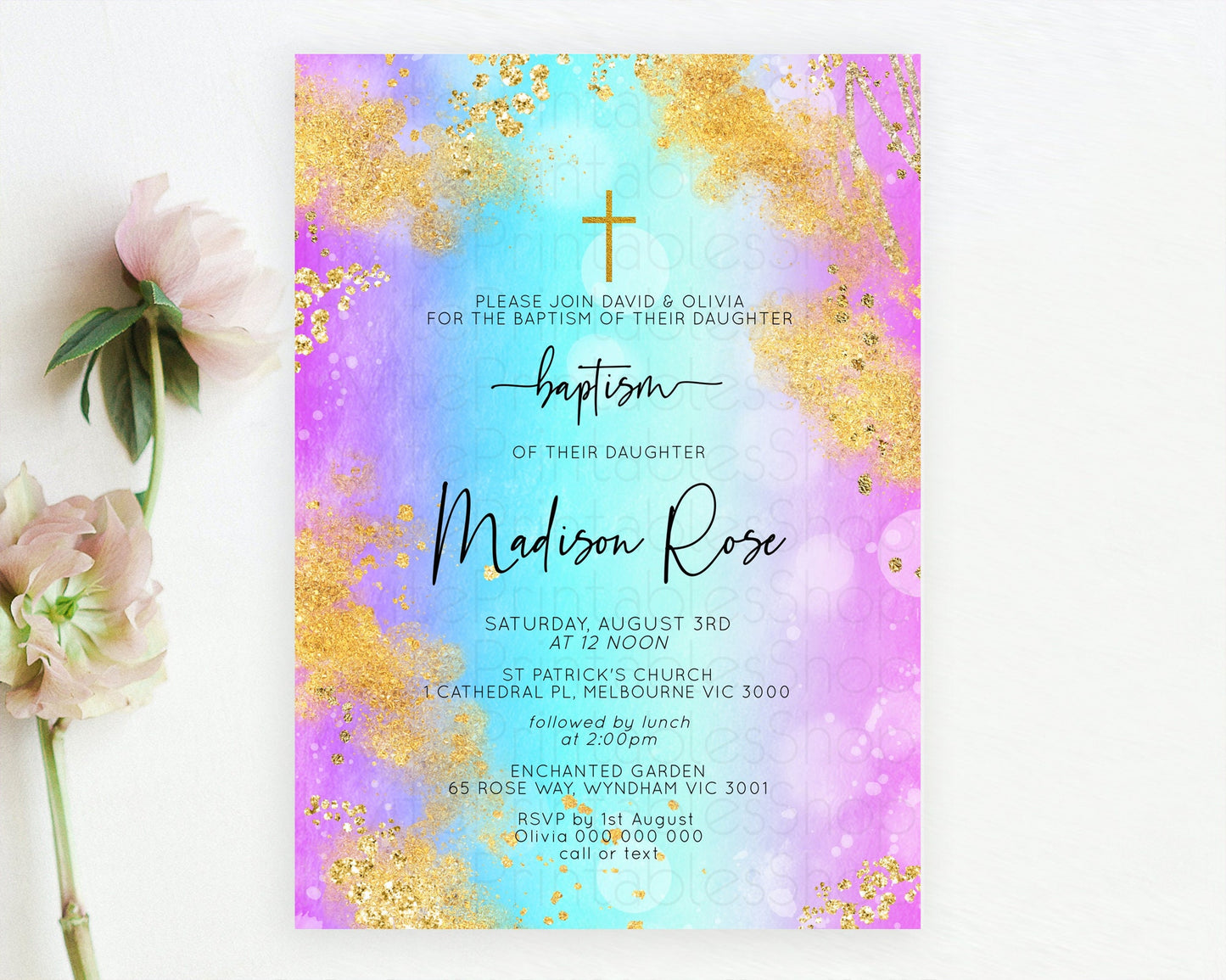 Pastel Baptism Invitation Pastel Colors Watercolor Baptism 1st Birthday Party Gold Ombre Pastel Rainbow Christening Holy Communion D10564