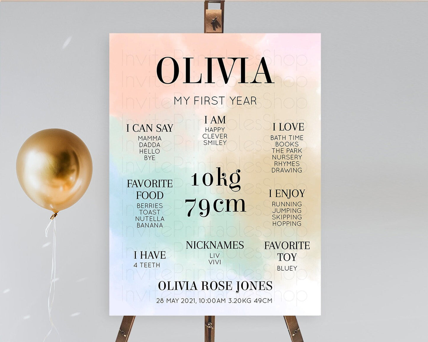 Pastel First Birthday Milestone Board Pastel Rainbow Milestone Poster Colorful Confetti Watercolor Glitter 1st Birthday Welcome Sign D10370