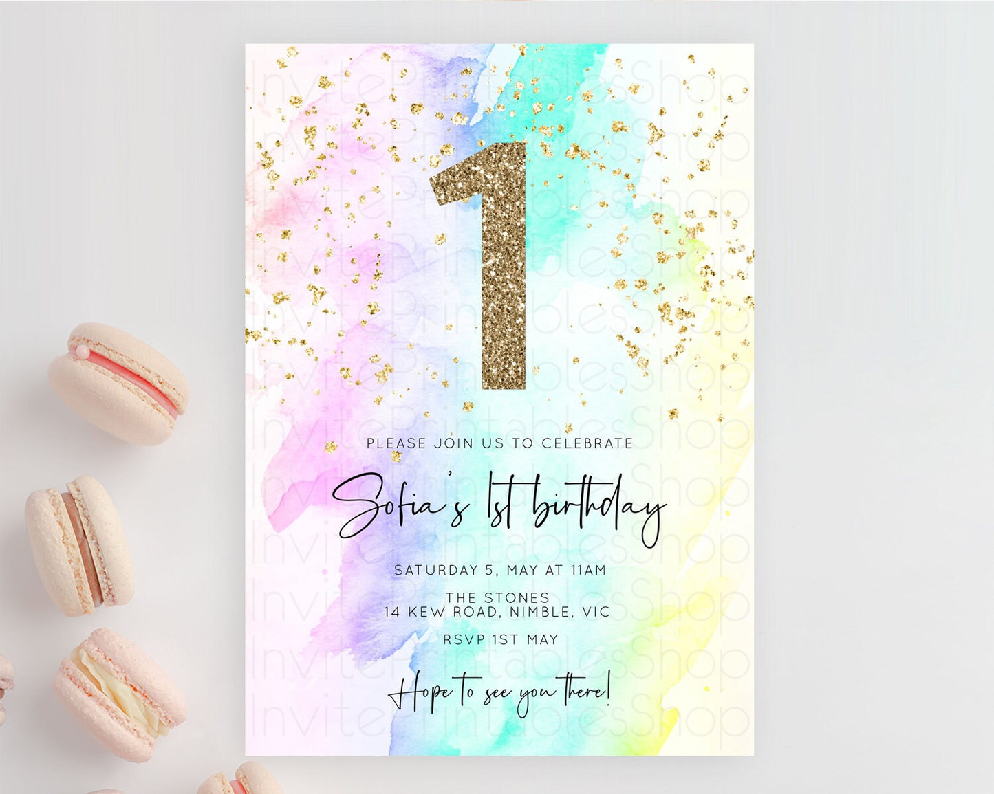 Rainbow Birthday Invitation Colorful Pastel Watercolor Invitation Gold Glitter Sprinkles Ombre Pastel 1st 2nd 3rd Birthday D10231