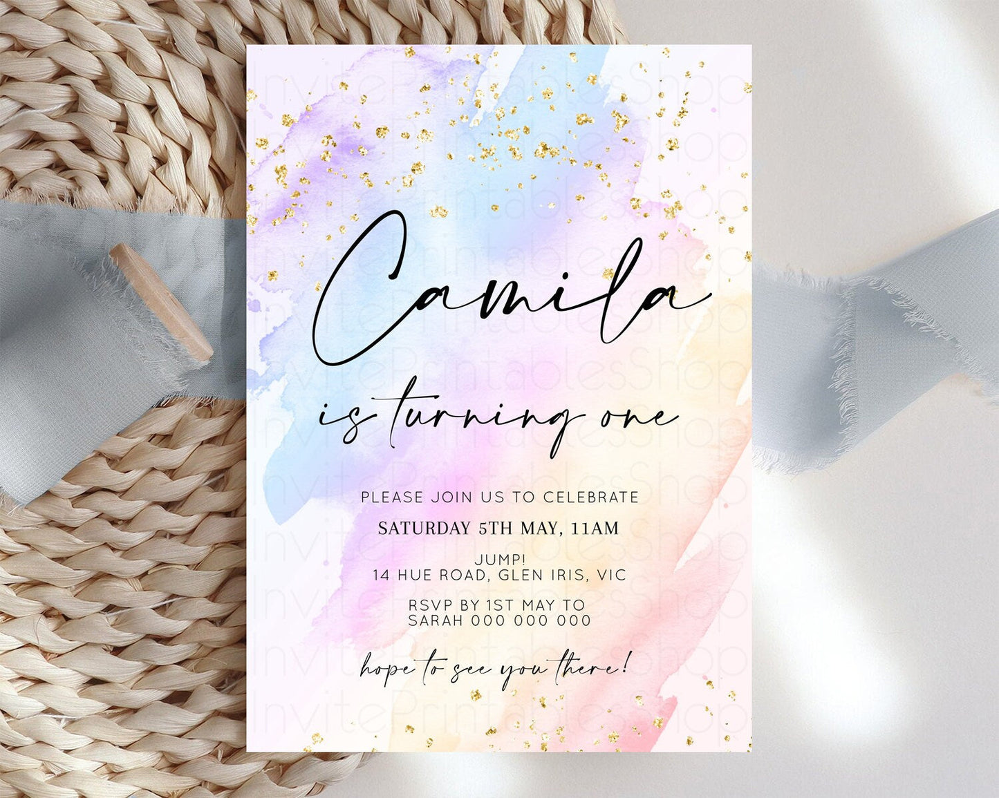 Rainbow Birthday Invitation Glitter Pastel Invitation Colorful Watercolor Gold Foil Splatter Sprinkle Ombre 1st 2nd 3rd Birthday Invite t600