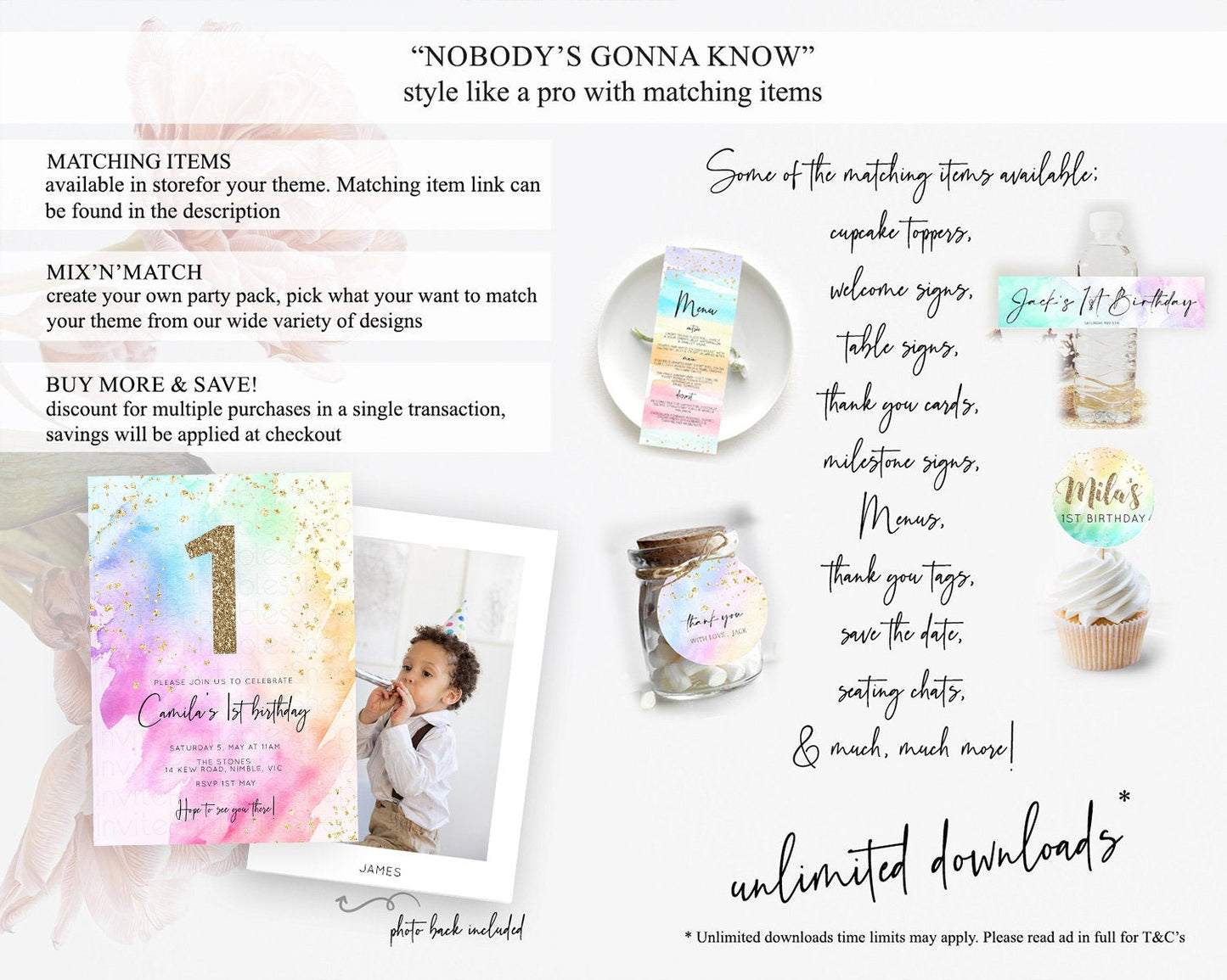 Rainbow Birthday Invitation Colorful Pastel Watercolor Invitation Gold Glitter Sprinkles Ombre Pastel 1st 2nd 3rd Birthday D10449