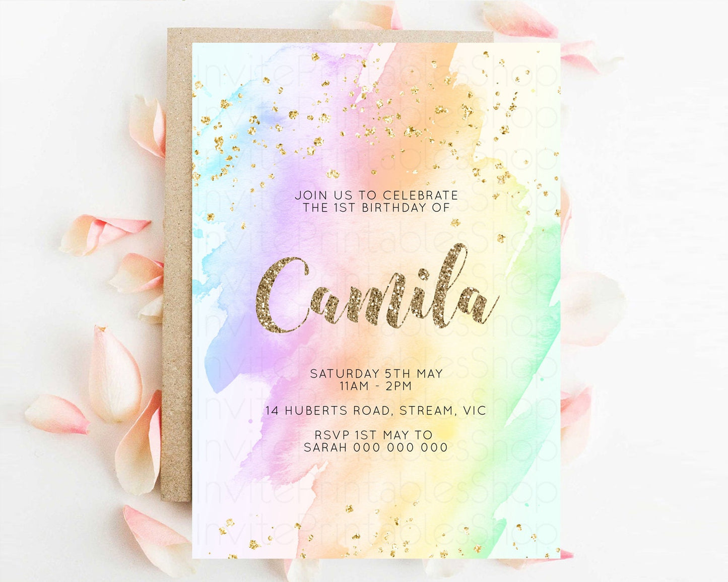 Rainbow Birthday Invitation Glitter Pastel Invitation Colorful Watercolor Gold Foil Splatter Sprinkle Ombre 1st 2nd 3rd Birthday Invite g602