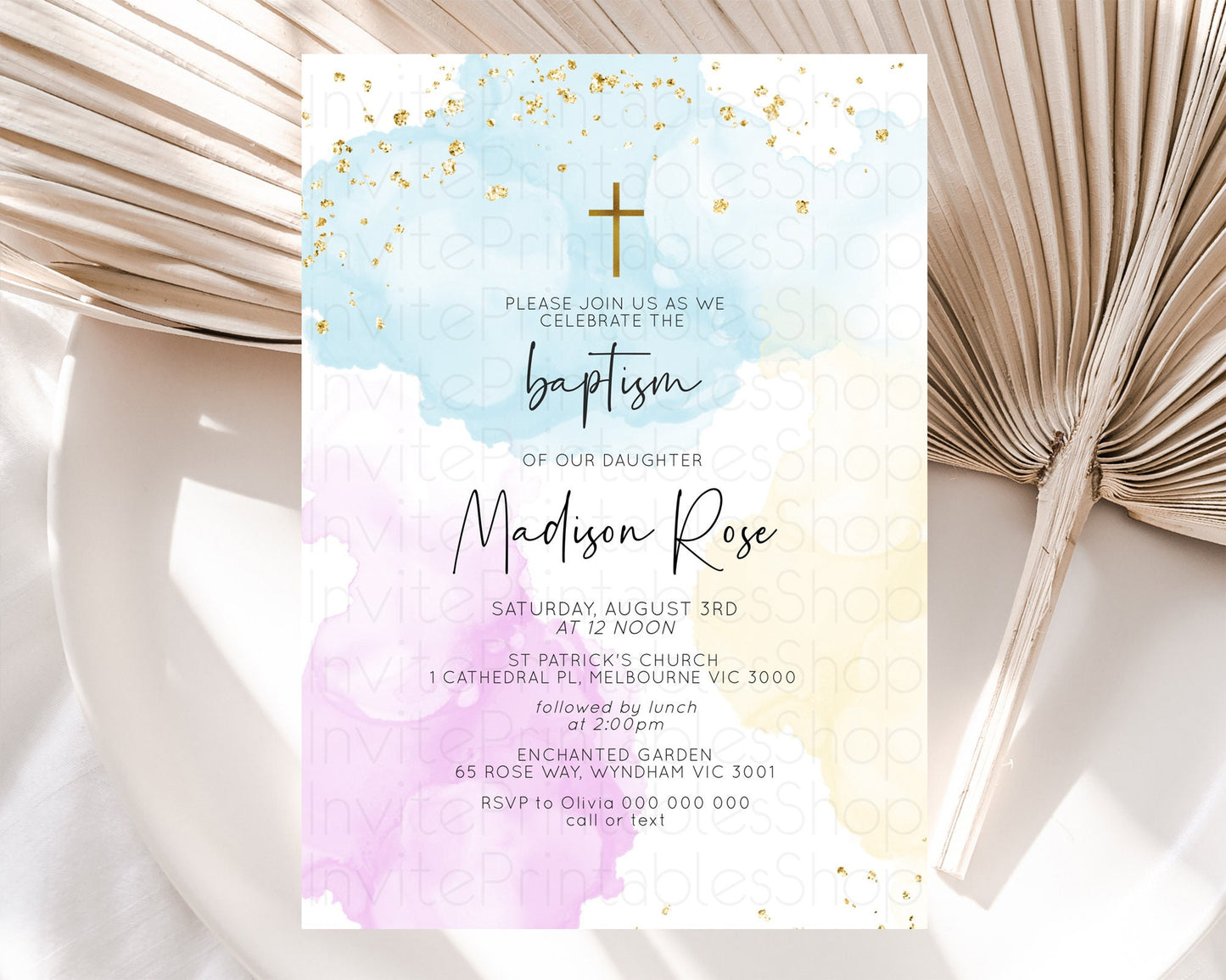 Pastel Baptism Invitation Pastel Colors Watercolor Baptism 1st Birthday Party Gold Ombre Pastel Rainbow Christening Holy Communion D10155