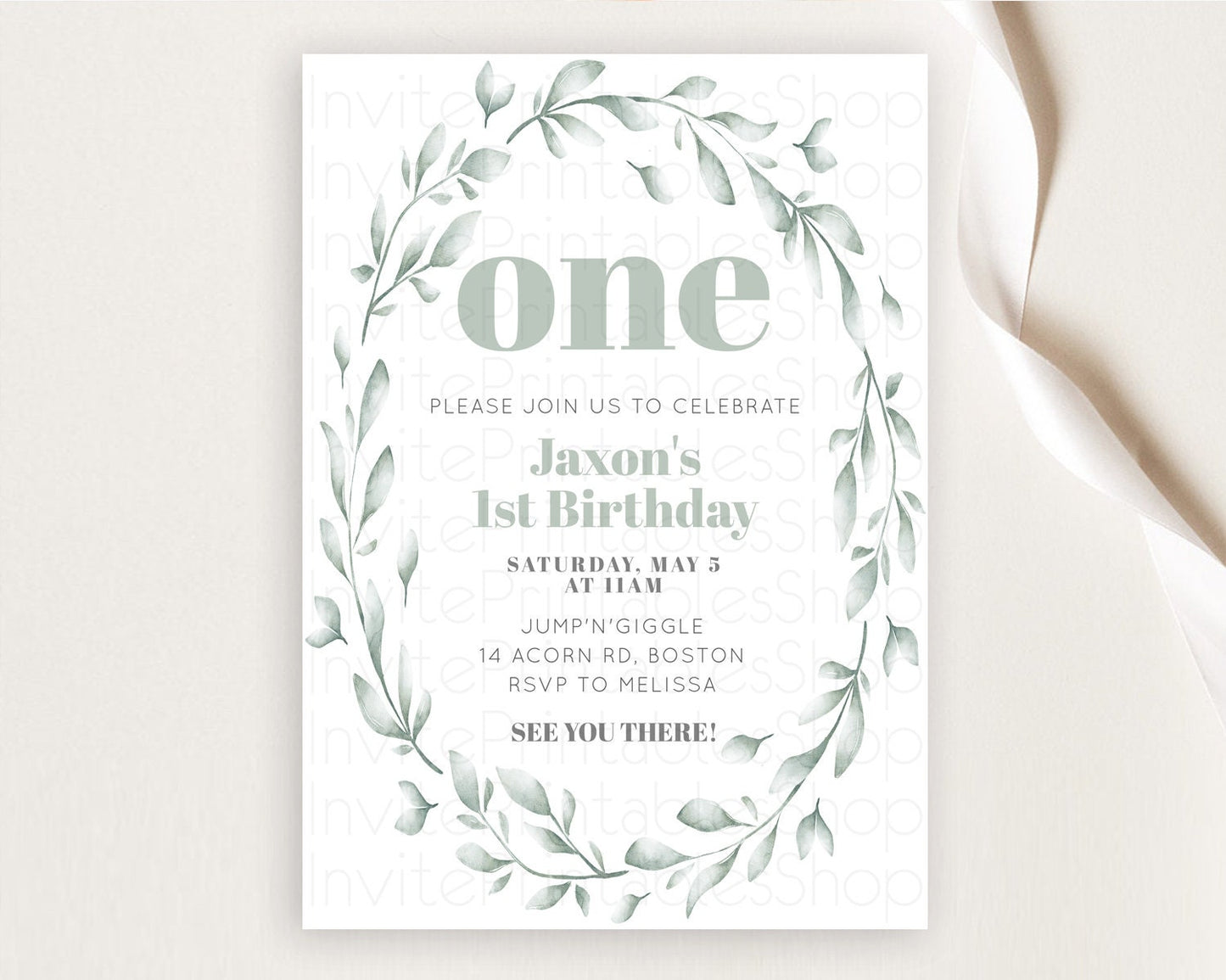 Leafy Birthday Invitation Leafy Invitation Simple Greenery Invitation Eucalyptus Fern Spray Leaves Minimal Green Leaf Watercolour D11009