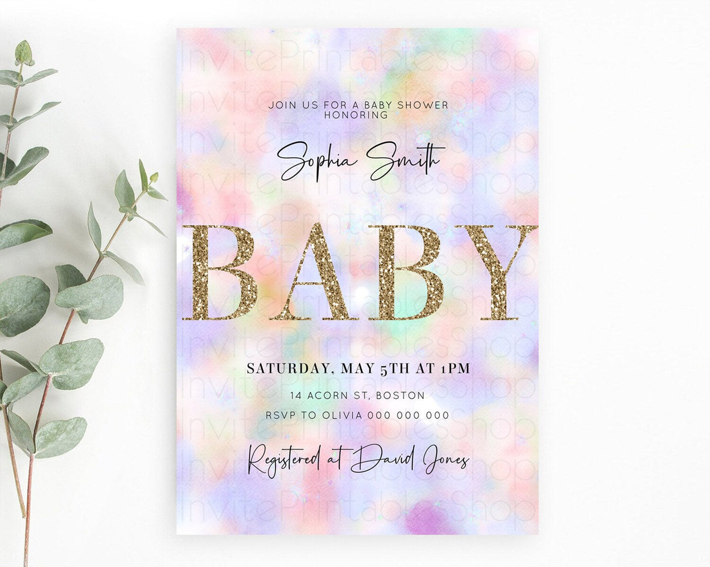 Pastel Baby Shower Invitation Rainbow Baby Shower Invitation Colorful Pastel Watercolor Invitation Gold Glitter Sprinkles Ombre D10697