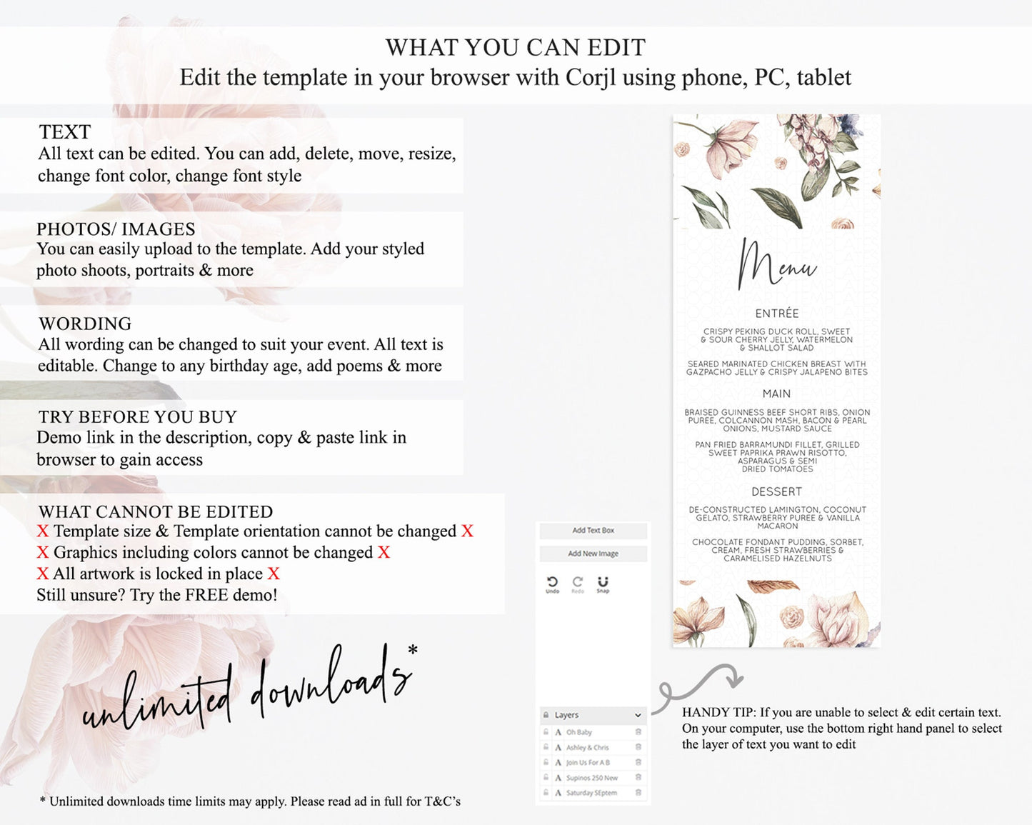 Secret Garden Menu Wildflower Menu Template Pastel Flower Garden Table Decor Boho Floral Dinner Dessert Floral Party Food Menu D10504