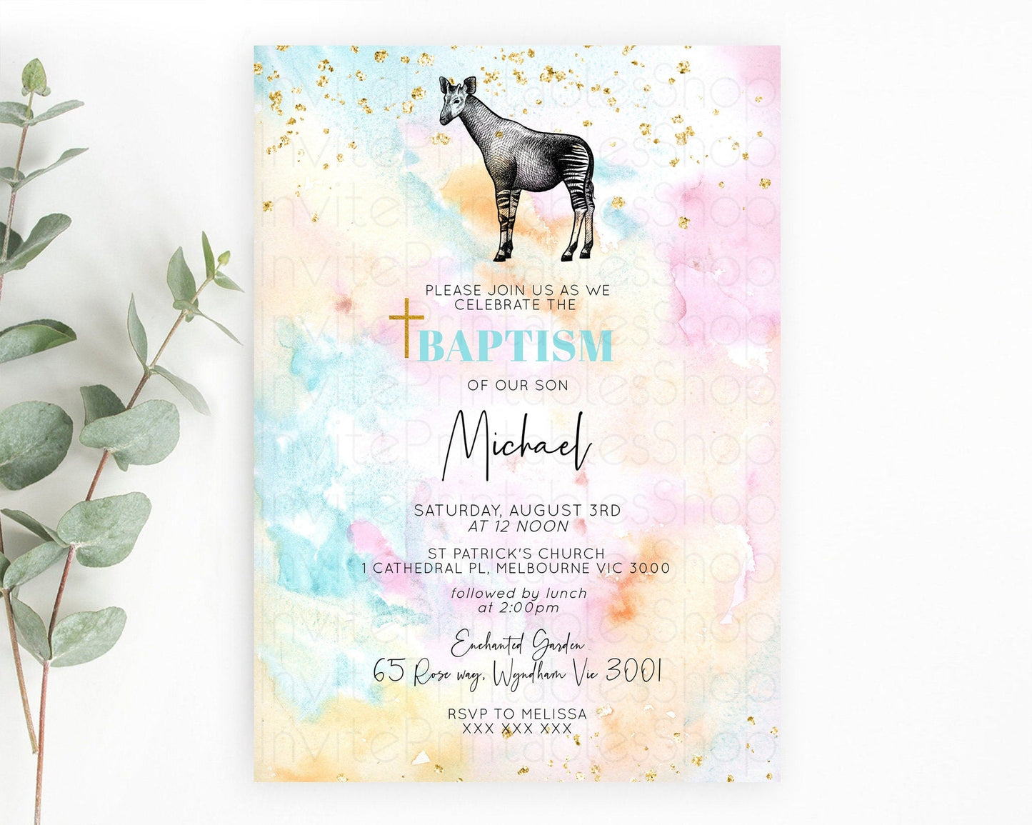Okapi Baptism Invitation Okapi Baptism 1st Birthday Invitation Okapi Pastel Rainbow Watercolor Christening Invitation Holy Communion D10282