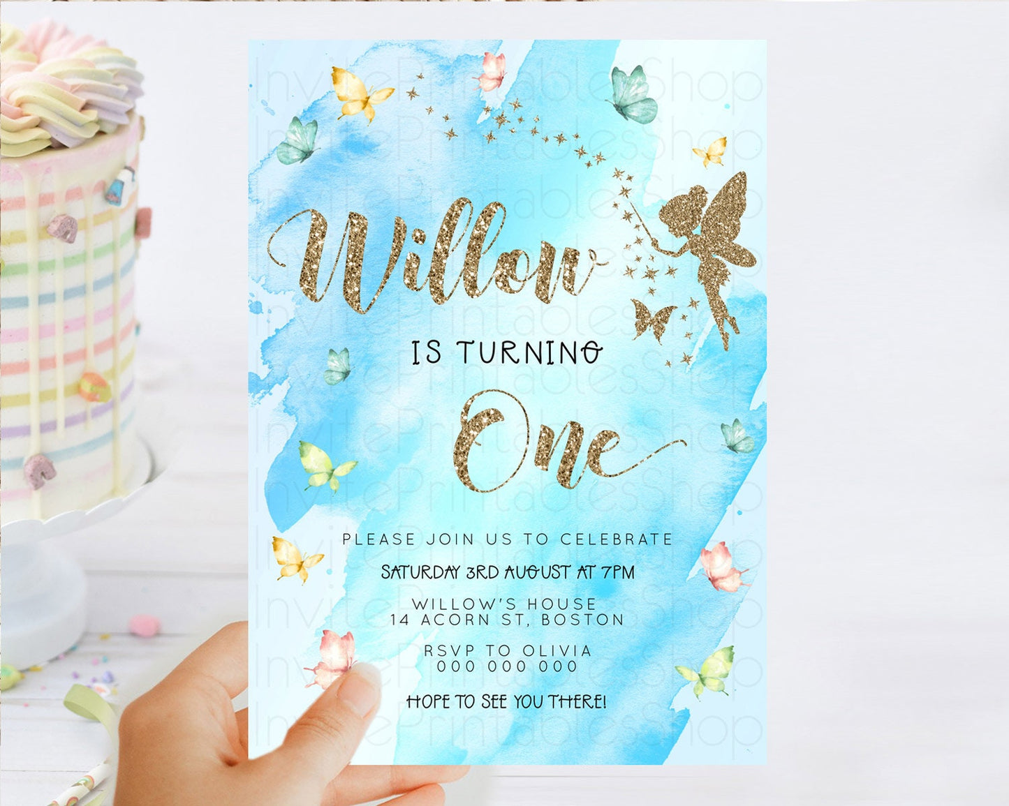 Pastel Fairy Birthday Invitation Pastel Butterflies Fairy Birthday Invitation Rainbow Ombre Watercolor 1st 2nd Birthday Invitation D23354