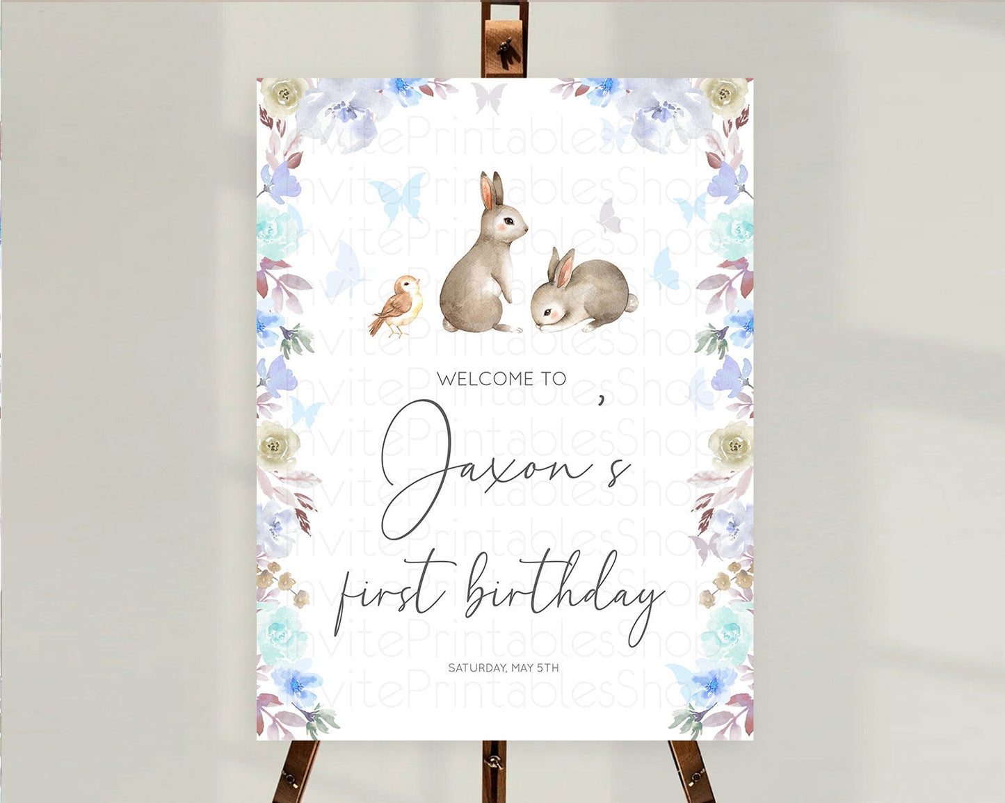 Bunny Welcome Sign Floral Bunny Welcome Board Pastel Flowers Woodland Bunny Welcome Poster Forest Bunny First Birthday Welcome Sign D10927