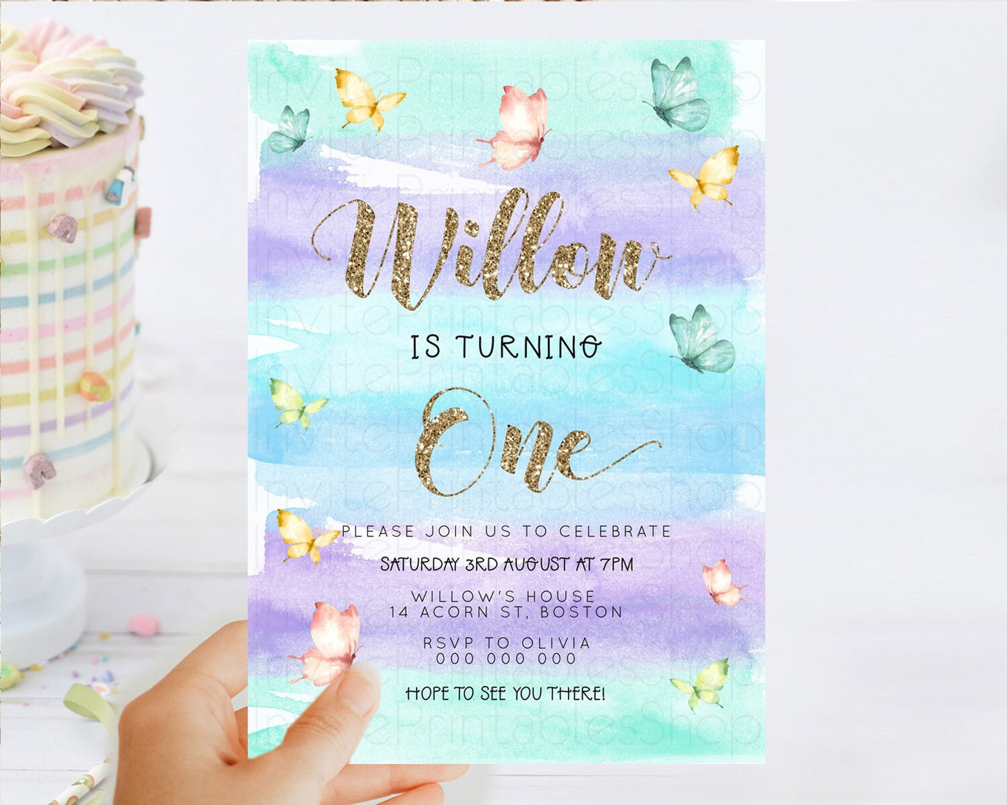 Pastel Butterfly Birthday Invitation Butterfly Birthday Invitation Colorful Splash Glitter Butterfly Garden 1st 2nd Birthday D23223