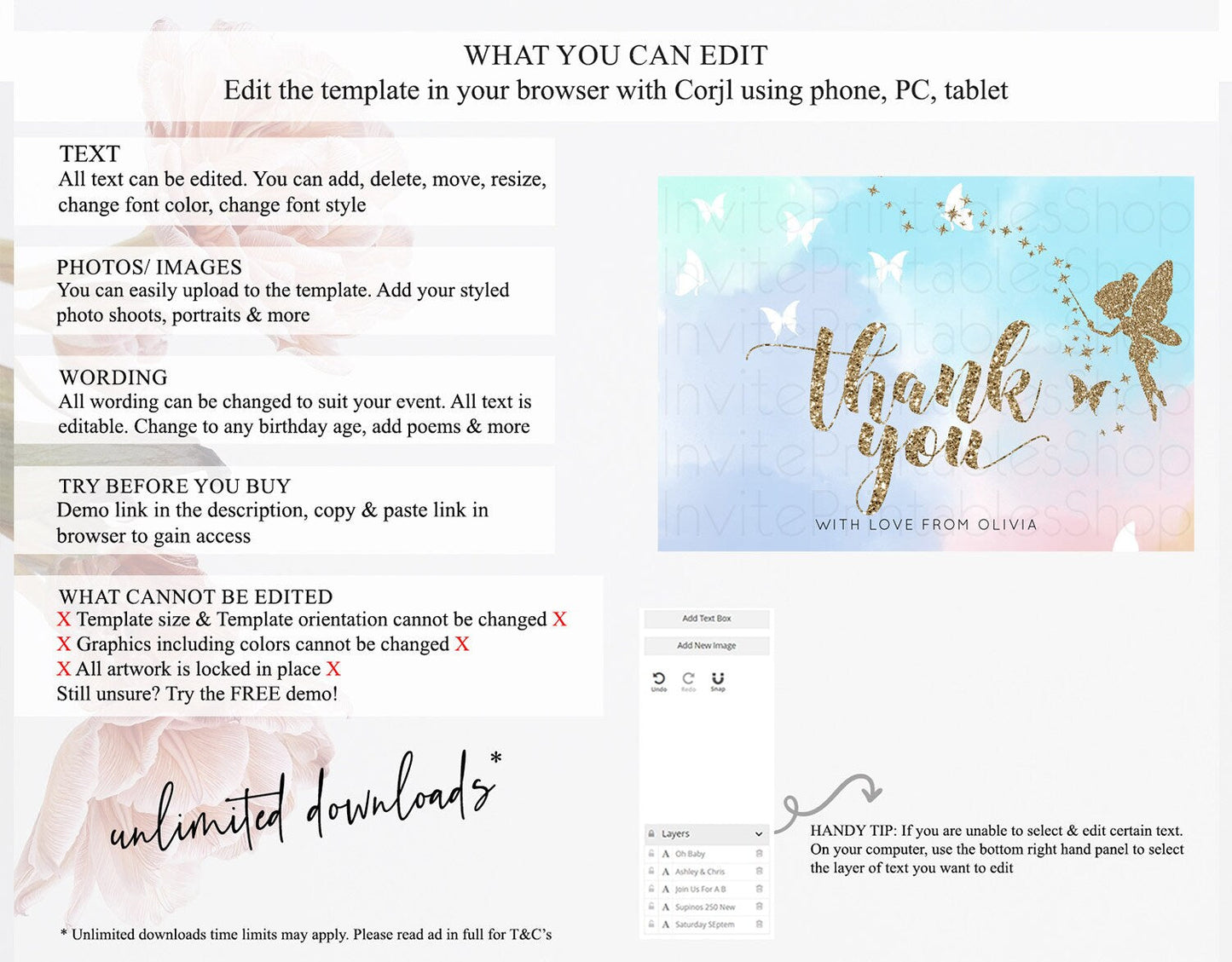Fairy Thank You Fairy Thank You Card Enchanted Garden Pastel Butterfly Birthday Thank You Floral Secret Garden Teacher Thank You D10894