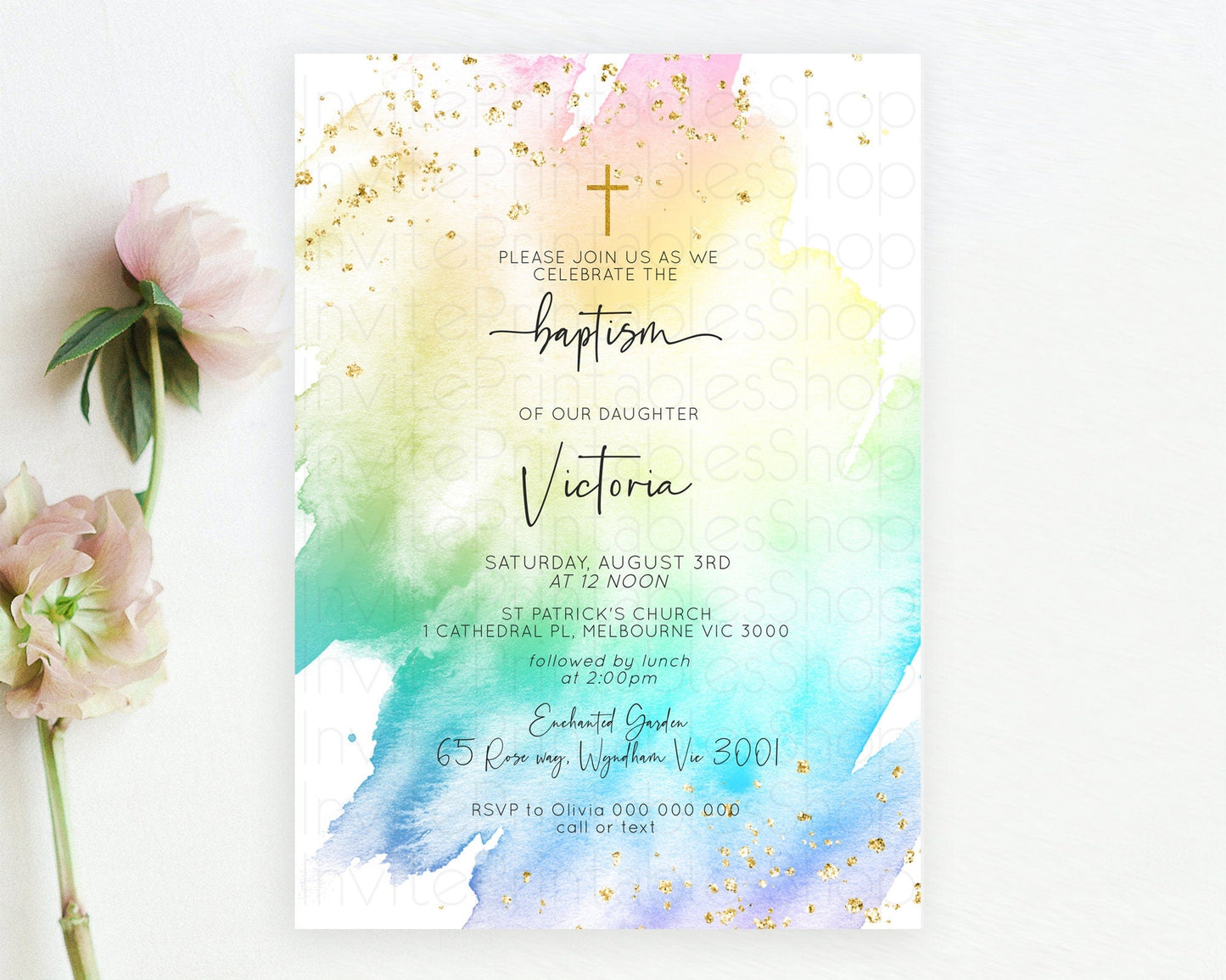 Pastel Baptism Invitation Pastel Colors Watercolor Baptism 1st Birthday Party Gold Ombre Pastel Rainbow Christening Holy Communion D10256
