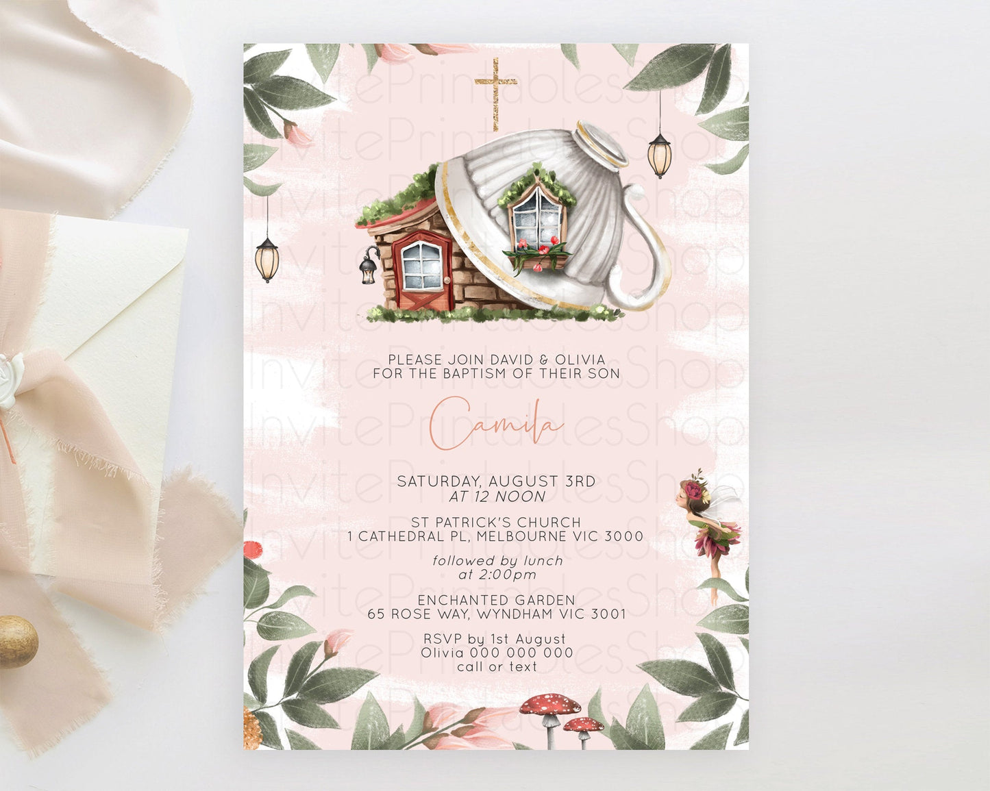 Fairy Baptism Invitation Fairy Baptism 1st Birthday Invitation Enchanted Secret Garden Christening Invite Pastel Floral Butterfly D10563