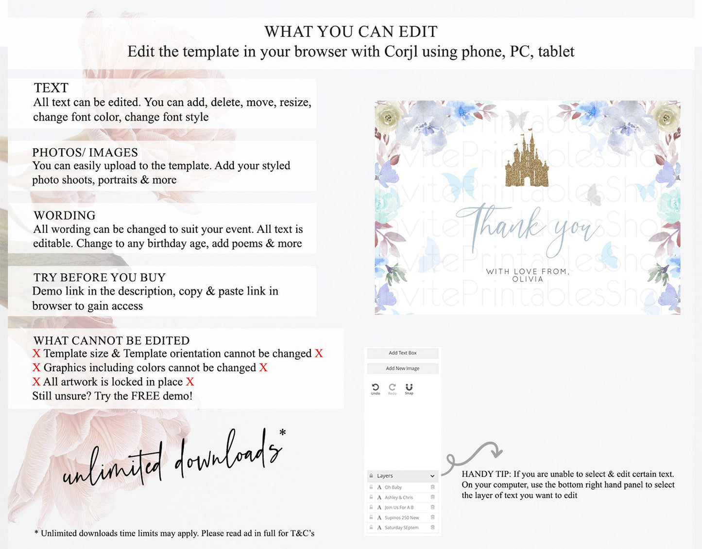 Princess Thank You Castle Thank You Card Secret Garden Birthday Thank You Card Enchanted Castle Pastel Floral Teacher Thank You Card D10932
