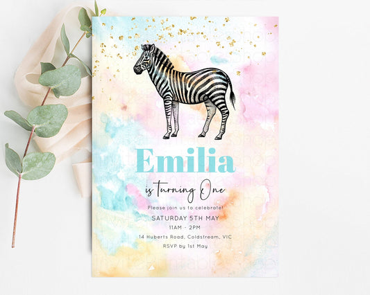 Editable Pastel Zebra Birthday Invitation Pastel Zebra Invite Rainbow Zebra