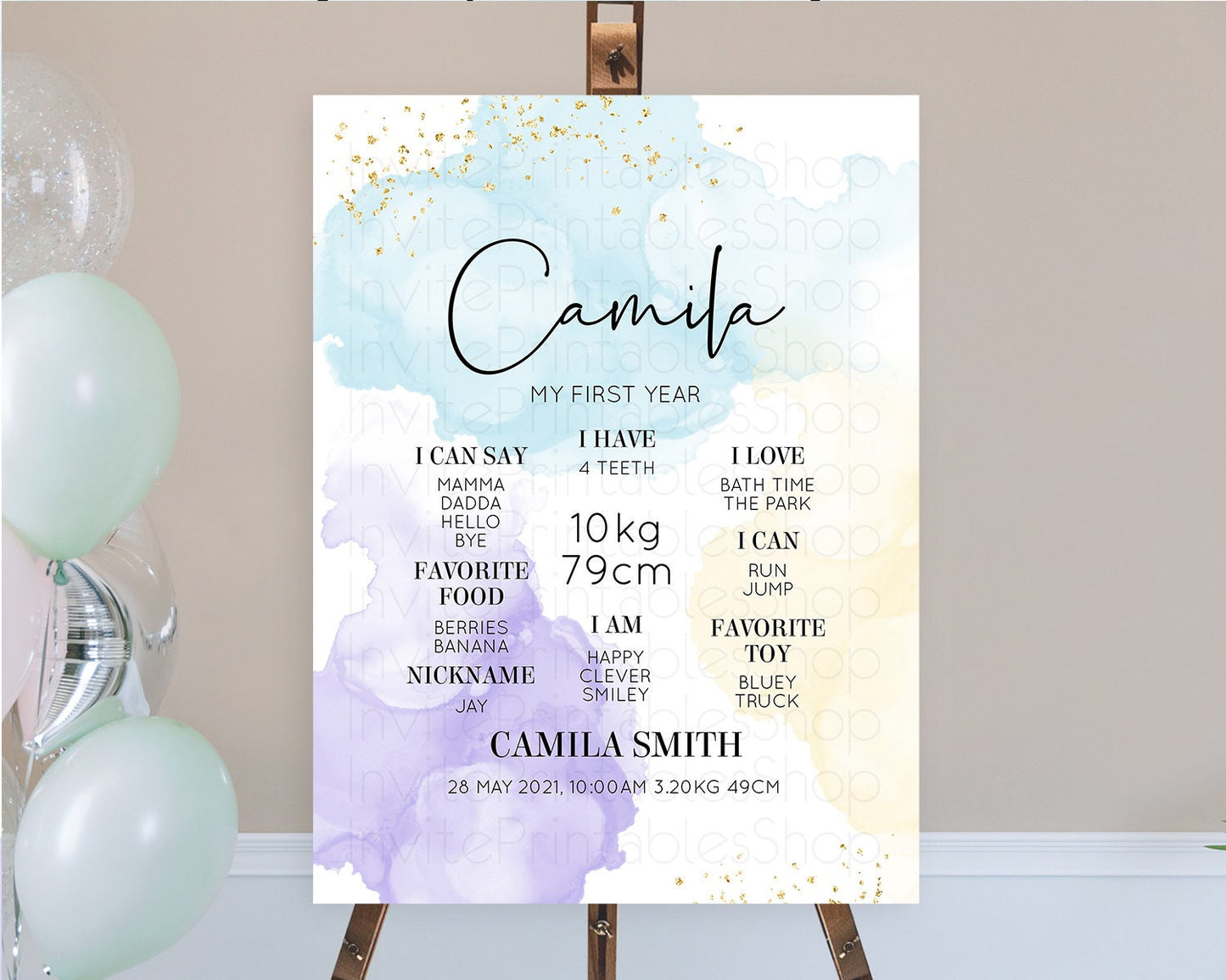 Pastel First Birthday Milestone Board Pastel Rainbow Milestone Poster Colorful Confetti Watercolor Glitter 1st Birthday Welcome Sign D10208