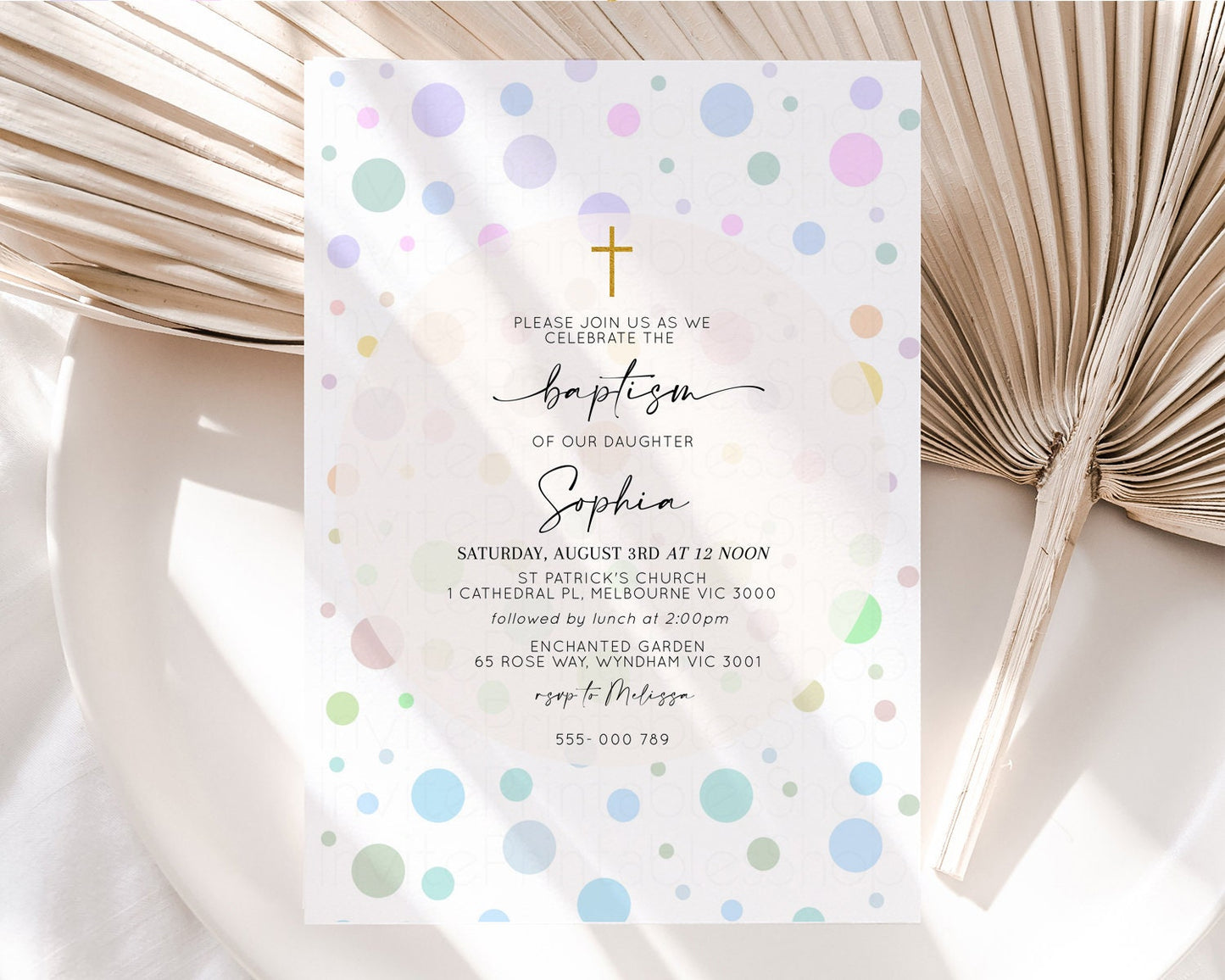 Pastel Baptism Invitation Pastel Christening Invitation Rainbow Confetti Invite Pastel Bubbles Invite Balloons Multi Colors Gold Cross 12