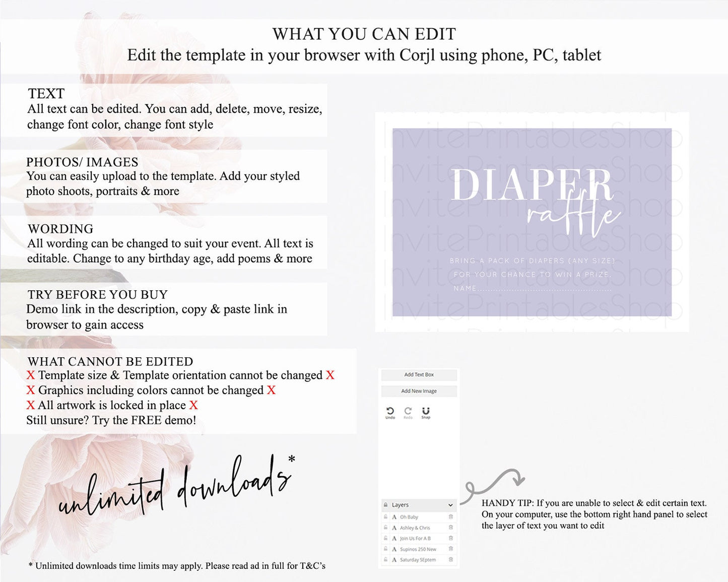 Purple Diaper Raffle Card Plain Purple Diaper Insert Minimalist Pastel Purple Diaper Ticket Purple Simple Baby Shower Raffle Game D10942