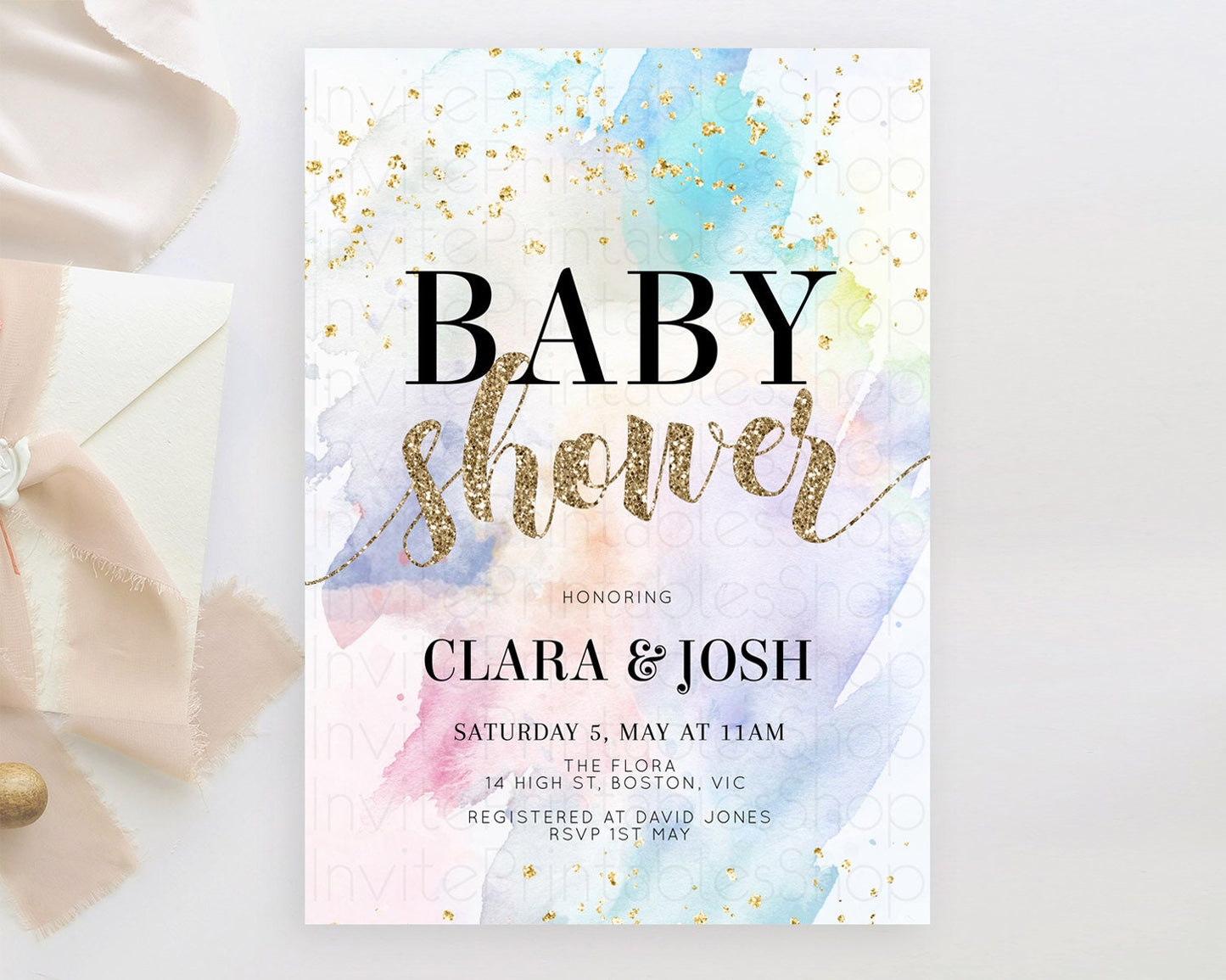 Pastel Baby Shower Invitation Rainbow Baby Shower Invitation Colorful Pastel Watercolor Invitation Gold Glitter Sprinkles Ombre D10421