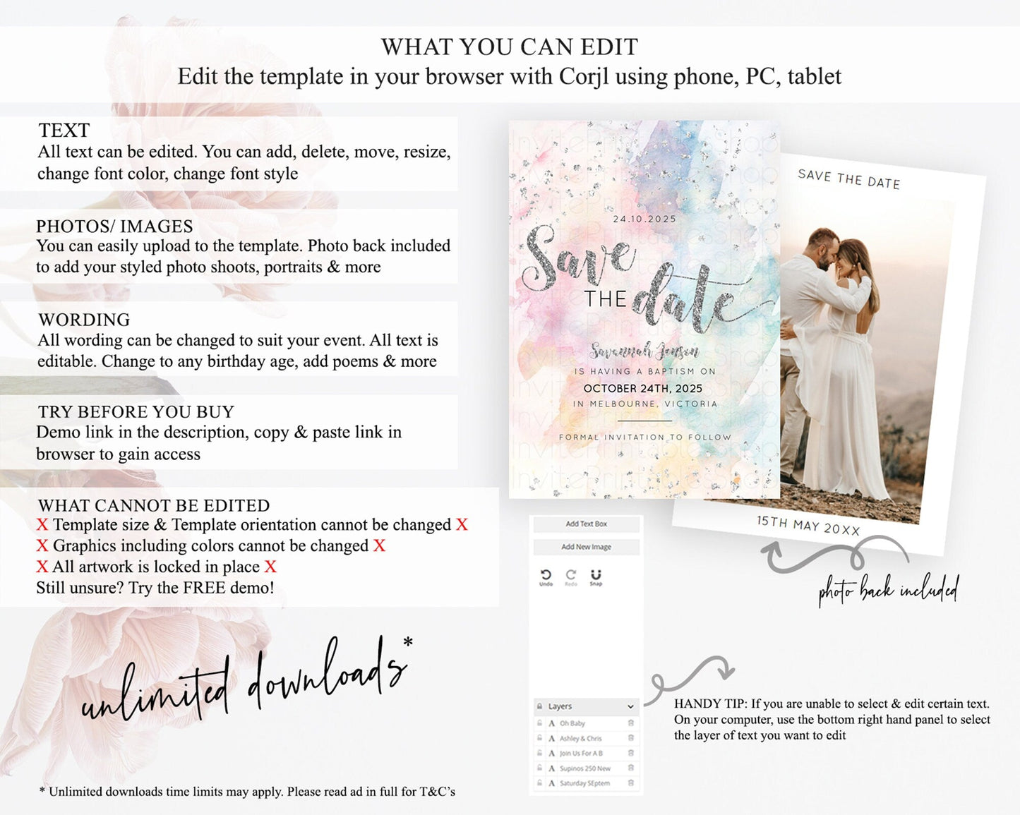 Pastel Silver Save The Date Template Rainbow Colorful Ombre Colorful Watercolor Party 1st Birthday Baptism Baby Shower Bridal Shower D10944