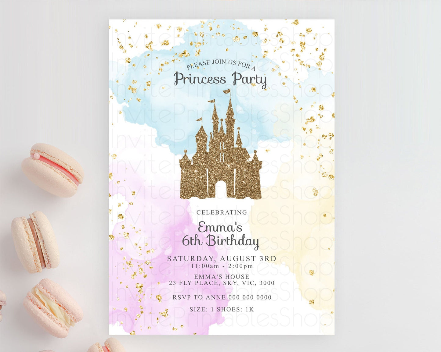 Princess Birthday Invitation Princess Invitation Pastel Invitation Royal Birthday Rainbow Color Enchanted Castle 1st First Birthday D10154