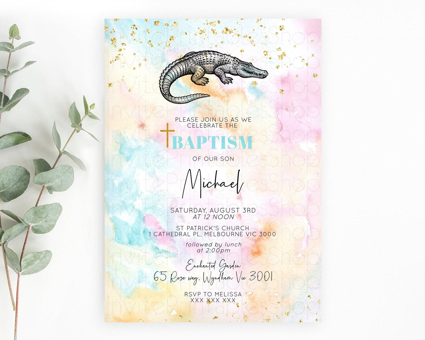 Crocodile Baptism Invitation Alligator Baptism 1st Birthday Invitation Pastel Watercolor Alligator Crocodile Christening Invitation D10285