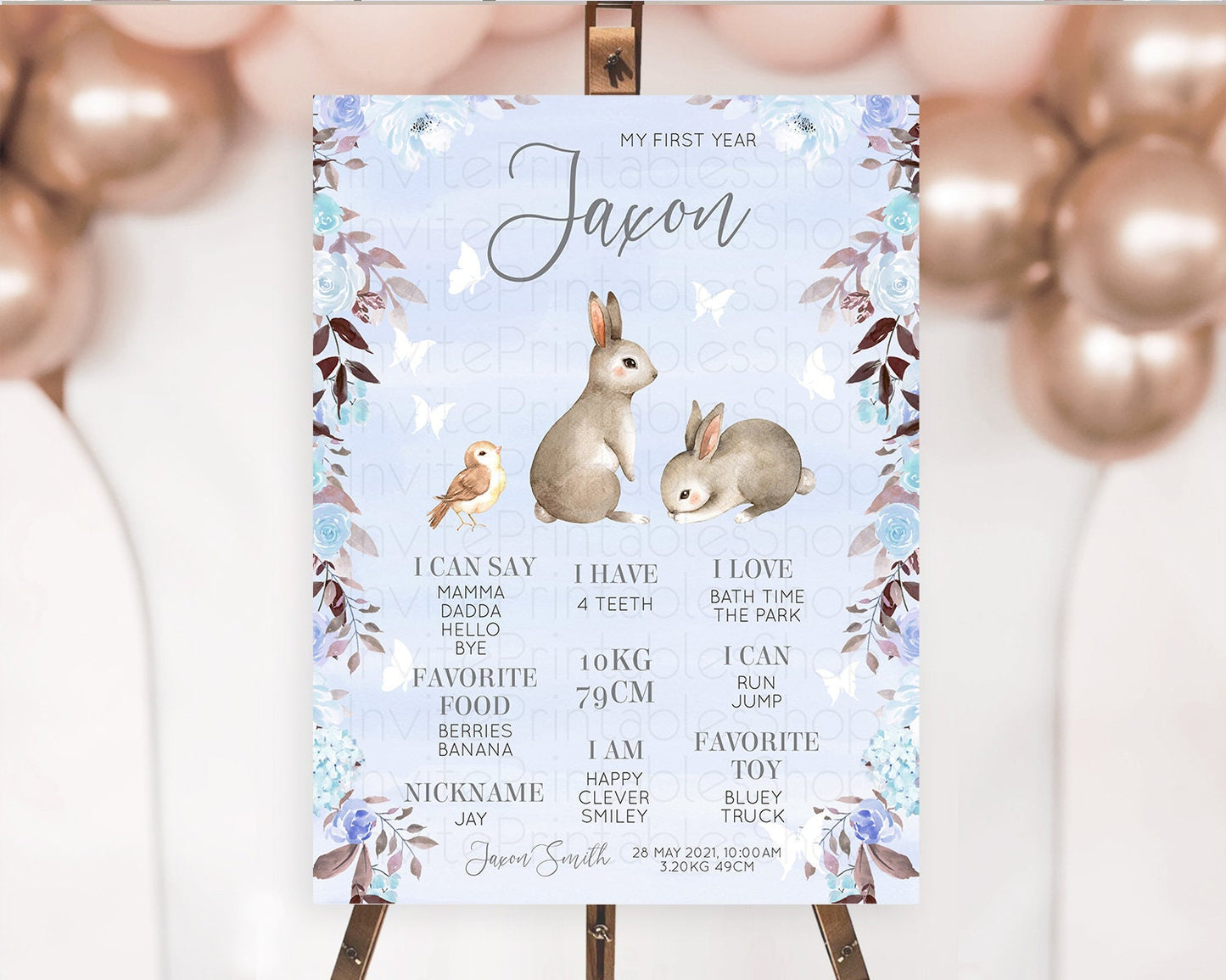Bunny First Birthday Milestone Board Floral Bunny Milestone Poster Pastel Flowers Woodland Bunny Milestone 1st Birthday Welcome Sign D10923