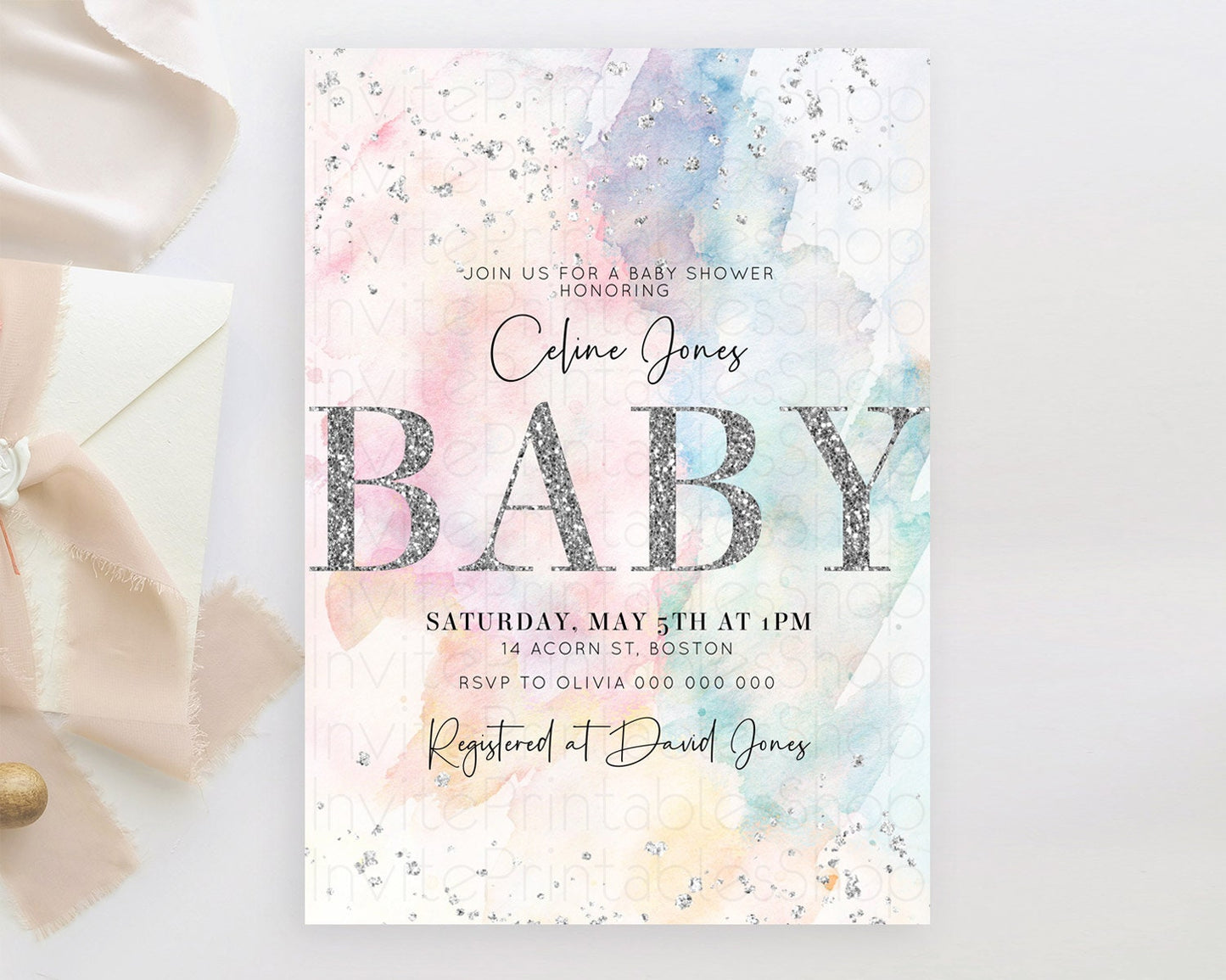 Pastel Rainbow Baby Shower Invitation, Colorful Watercolor Splash with Silver Confetti Sprinkles, Ombre Effect - Pink blue yellow D10945